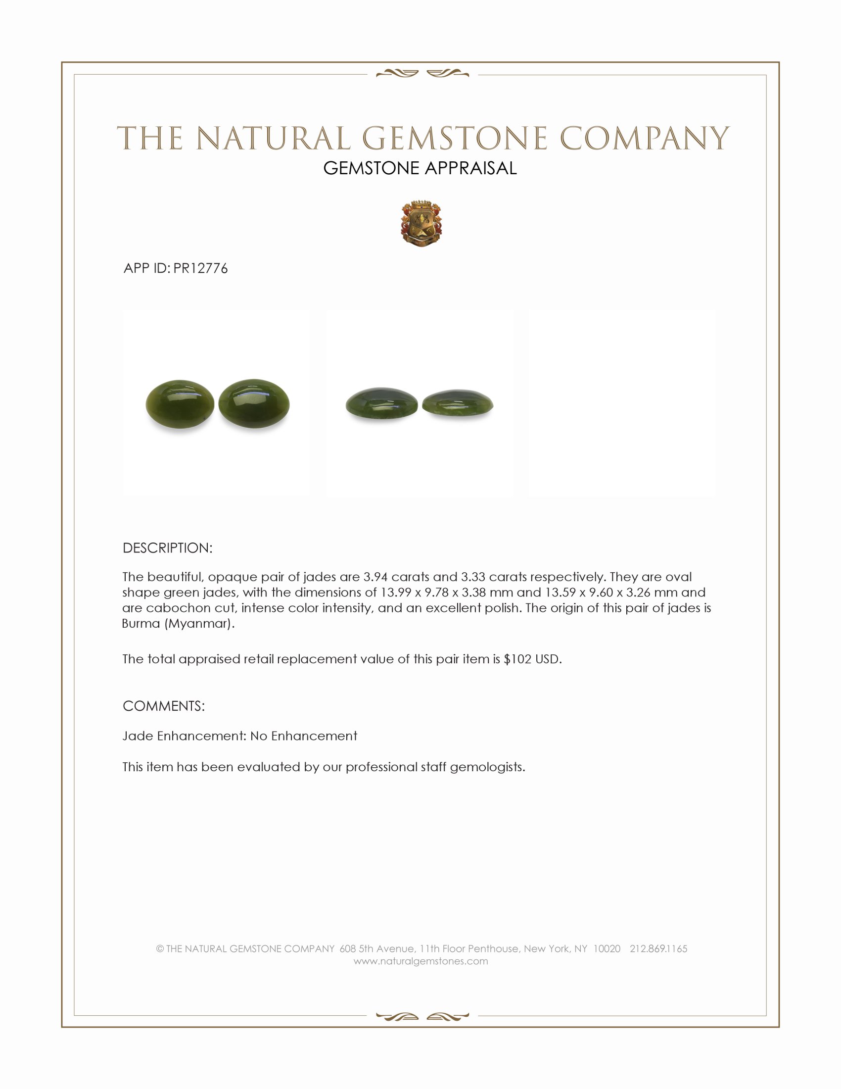 7.27 Ct.Tw. Green Cabochon Jade Pair from Burma (Myanmar)