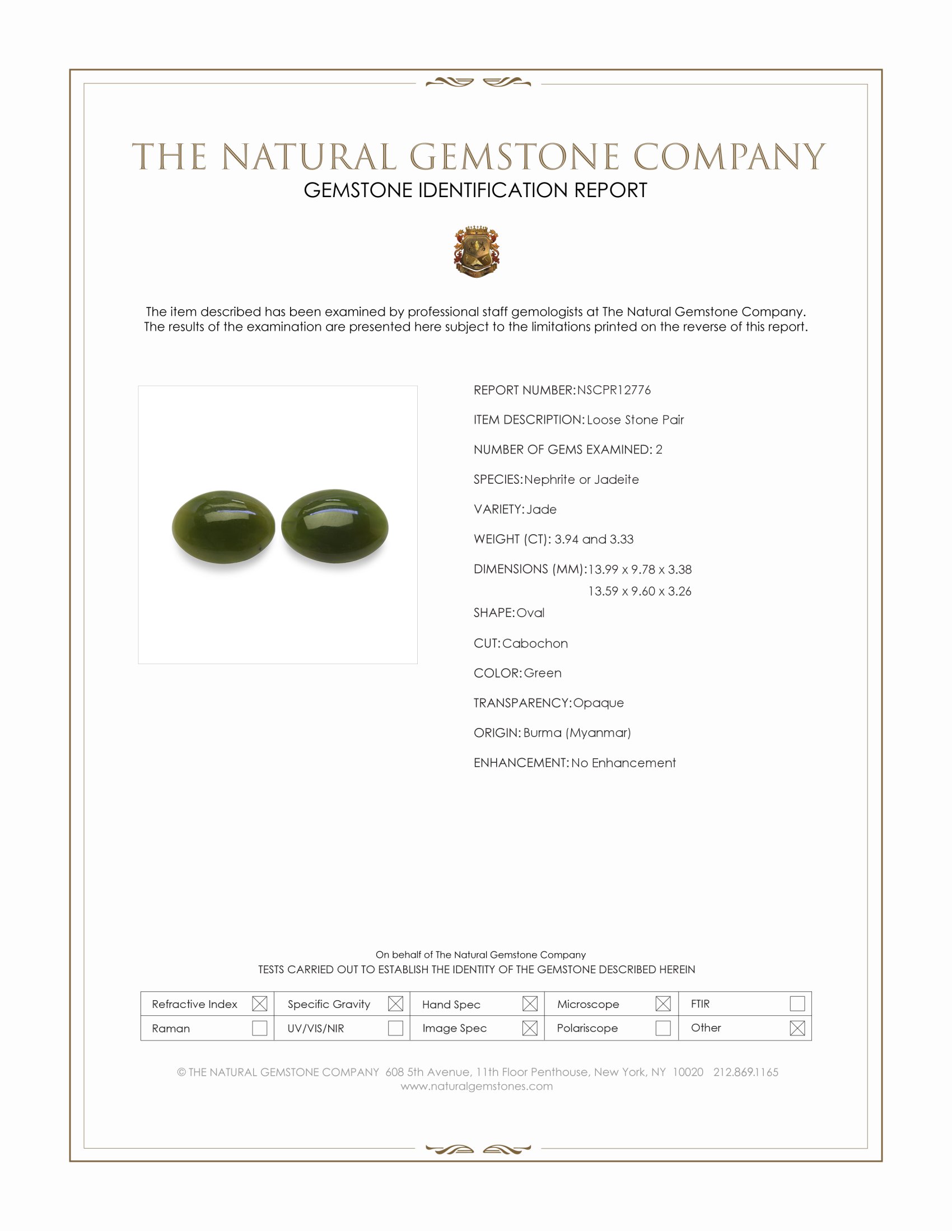 7.27 Ct.Tw. Green Cabochon Jade Pair from Burma (Myanmar)