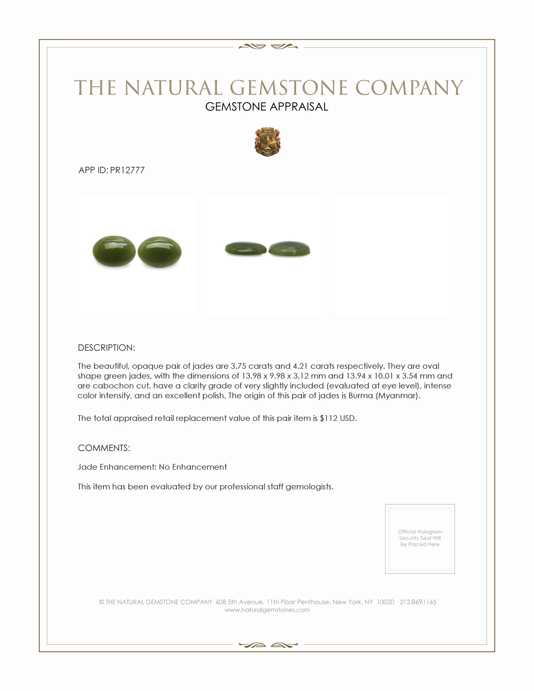 7.96 Ct.Tw. Green Cabochon Jade Pair from Burma (Myanmar)