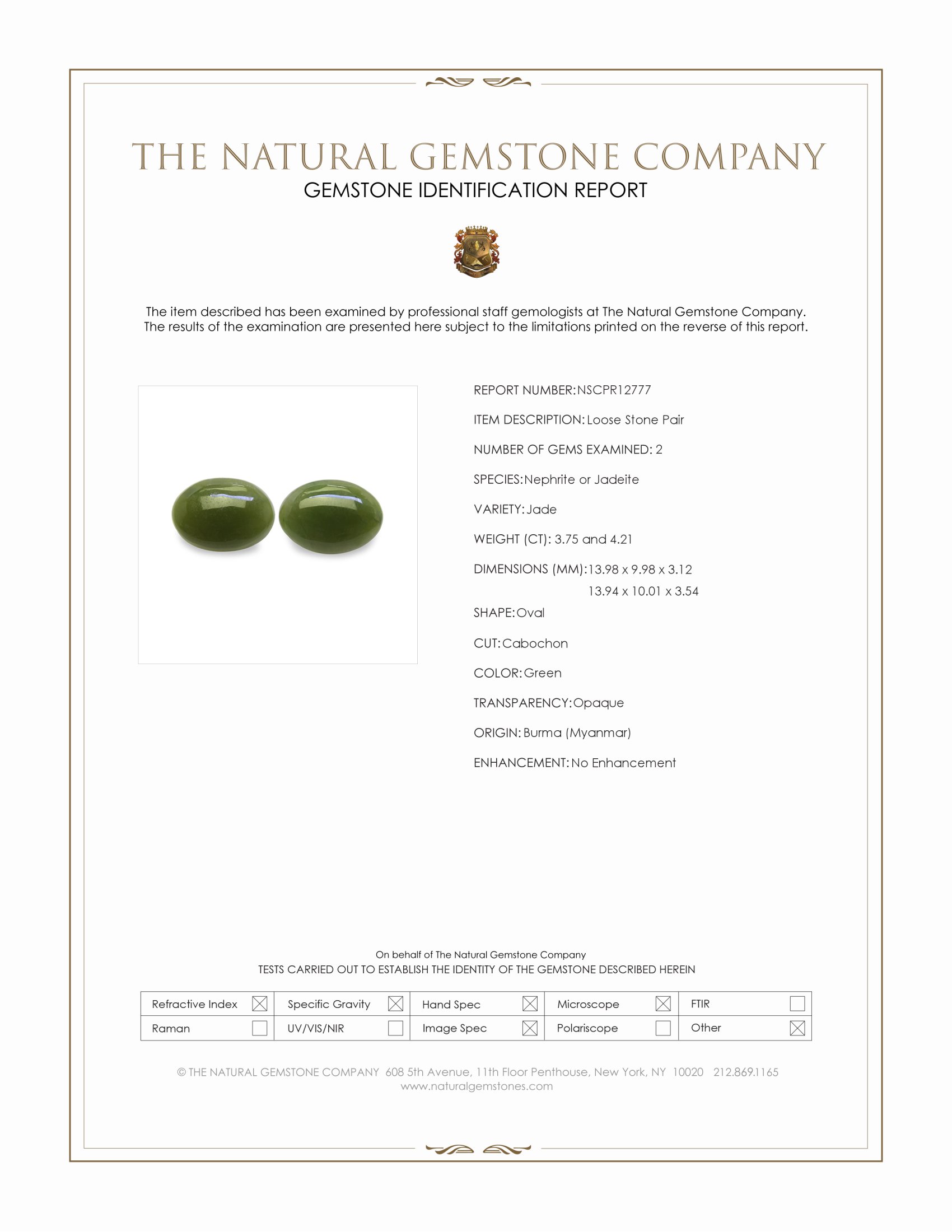 7.96 Ct.Tw. Green Cabochon Jade Pair from Burma (Myanmar)