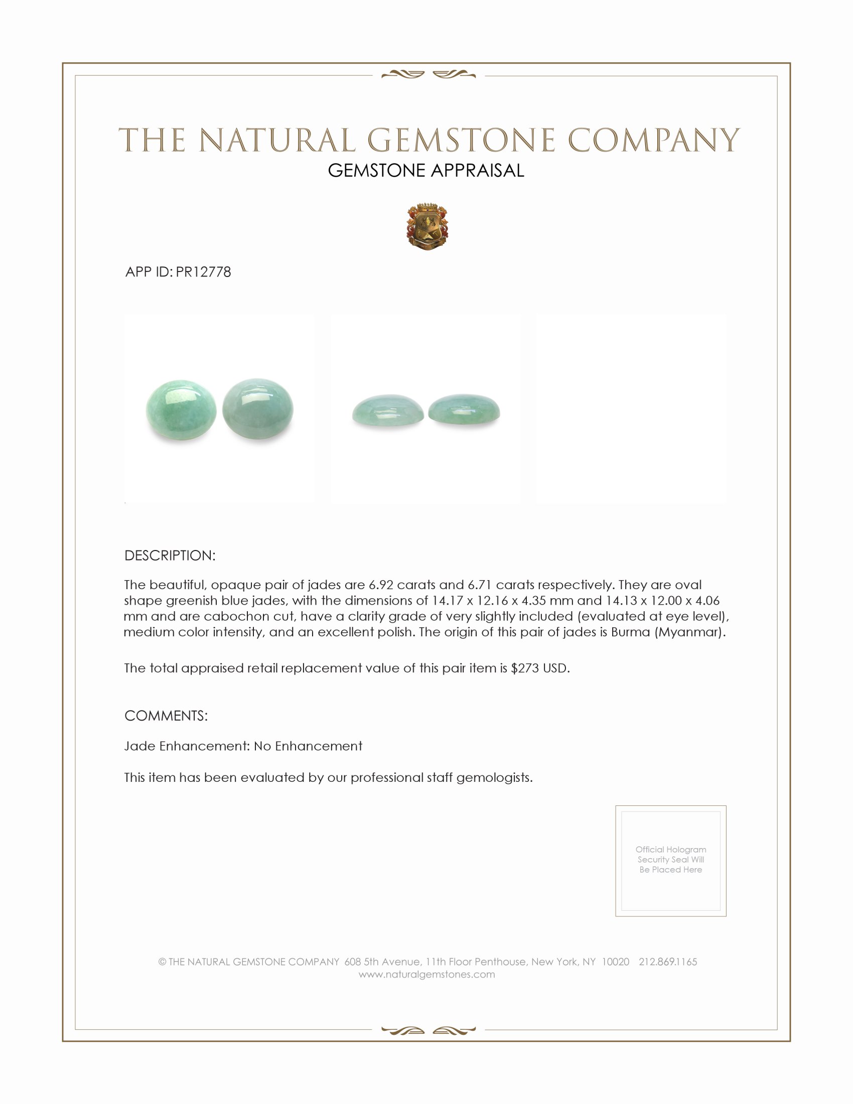 13.63 Ct.Tw. Cabochon Jade Pair from Burma (Myanmar)