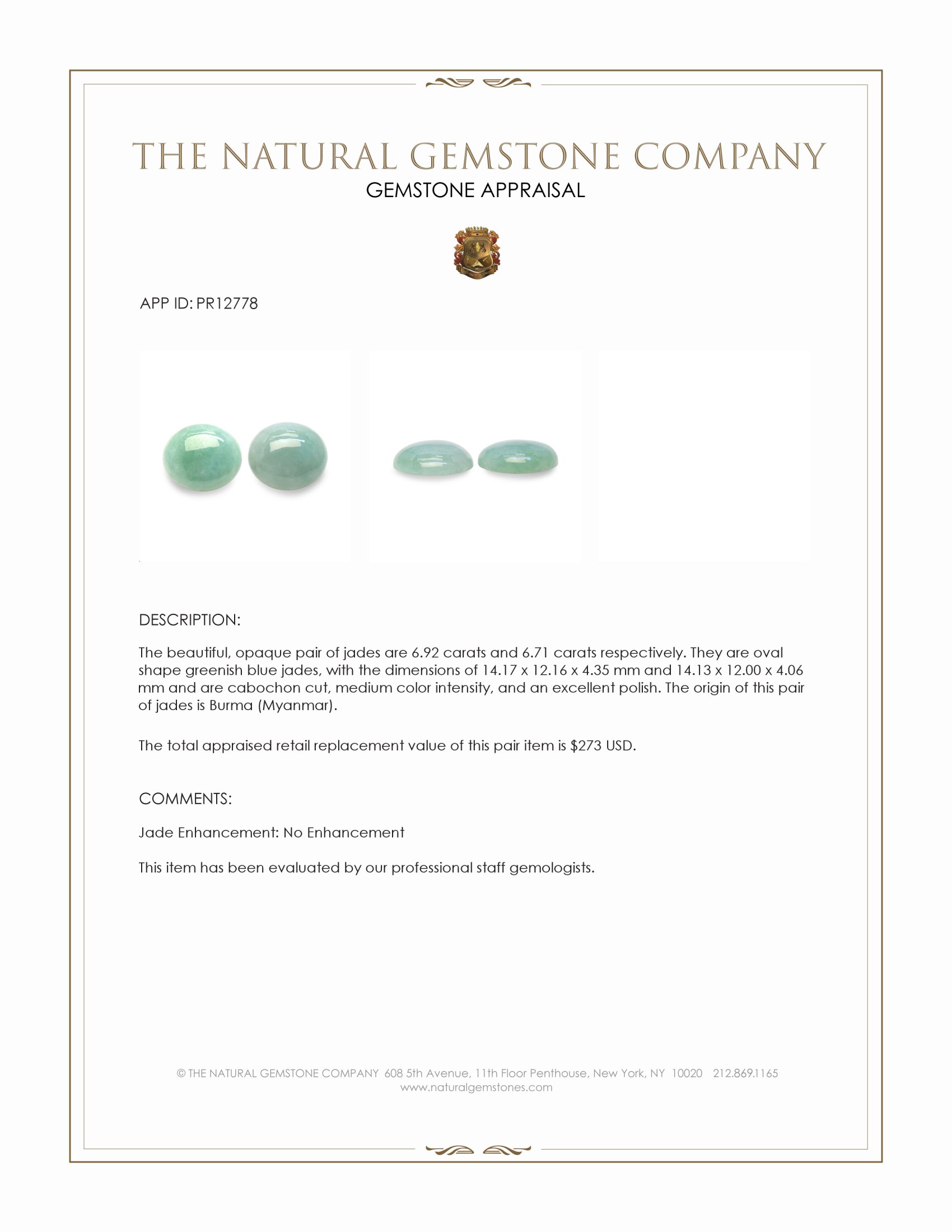 13.63 Ct.Tw. Greenish Blue Cabochon Jade Pair from Burma (Myanmar)