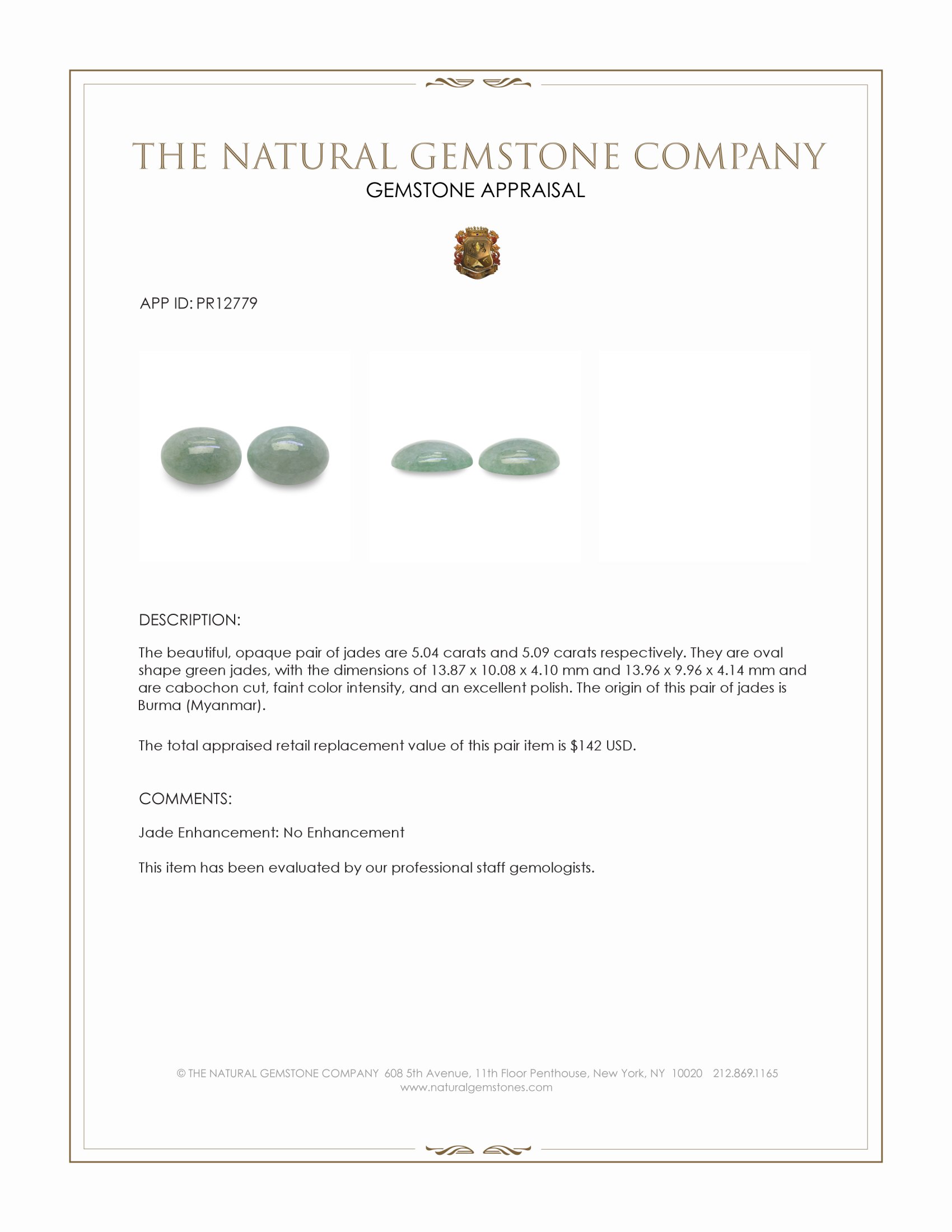 10.13 Ct.Tw. Green Cabochon Jade Pair from Burma (Myanmar)
