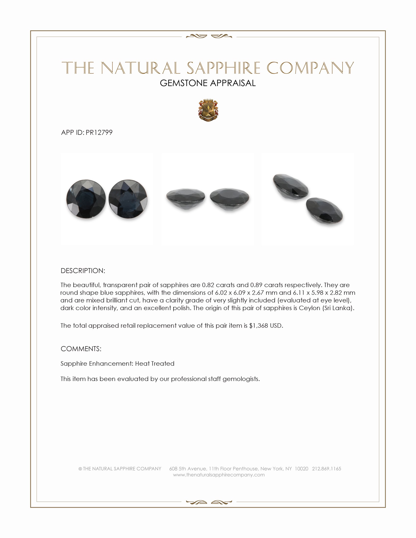 1.71 Ct.Tw. Blue Sapphire Pair from Ceylon (Sri Lanka)