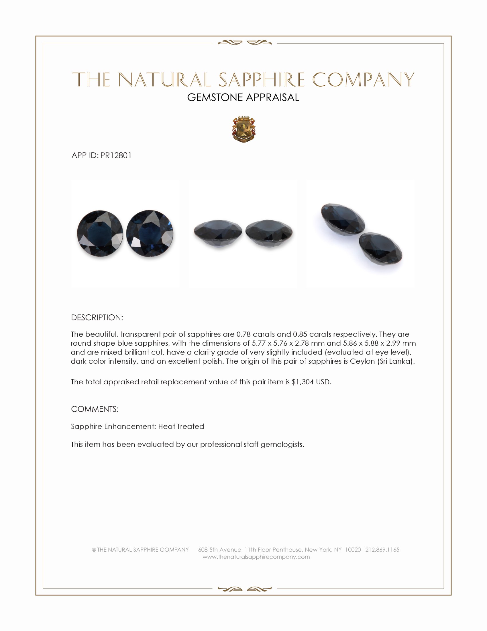 1.63 Ct.Tw. Blue Sapphire Pair from Ceylon (Sri Lanka)