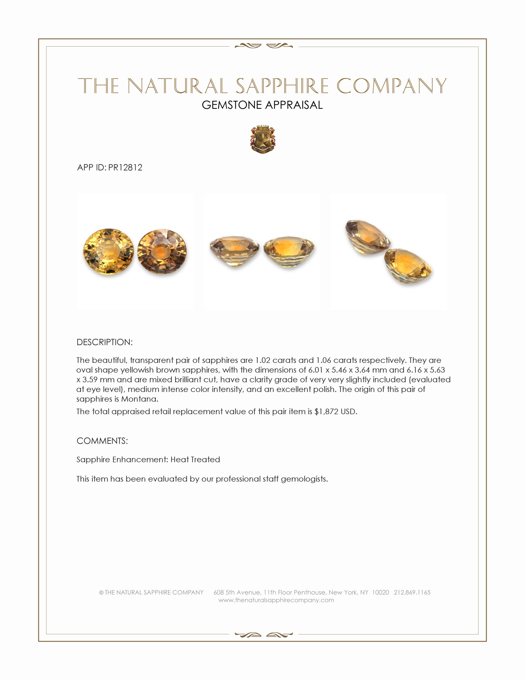 2.08 Ct.Tw. Yellowish Brown Sapphire Pair from Montana