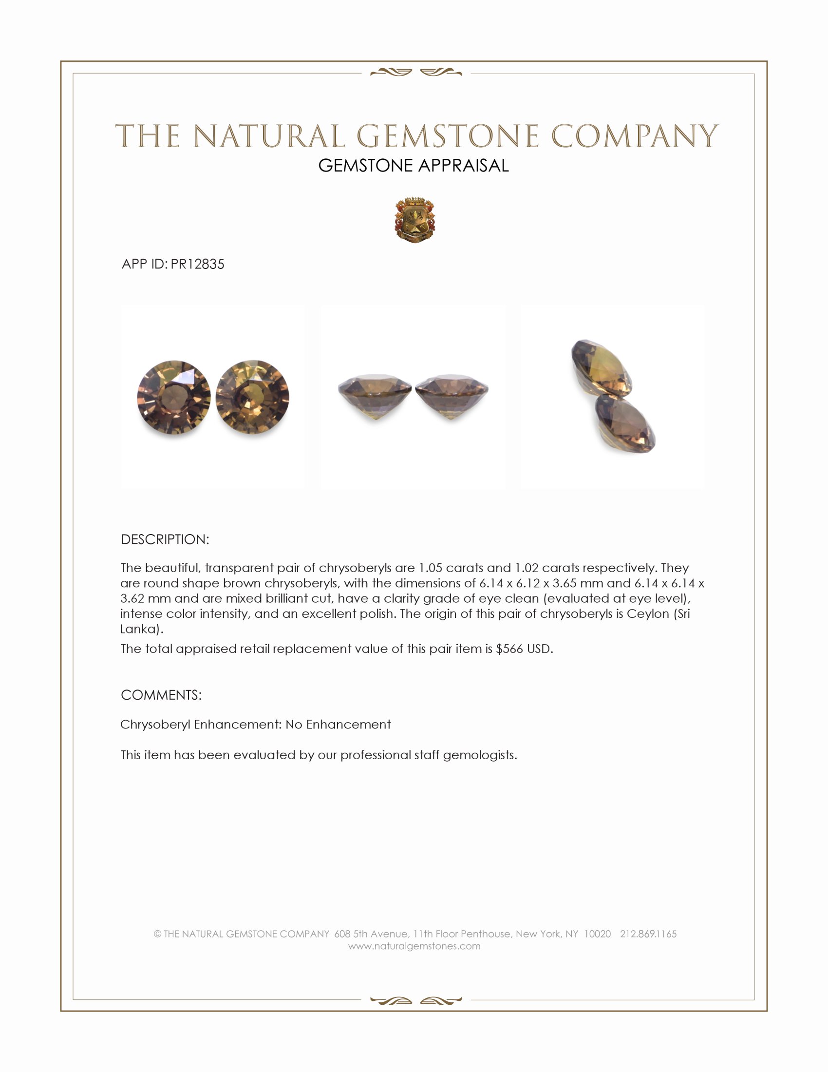 2.07 Ct.Tw. Chrysoberyl Pair from Ceylon (Sri Lanka)