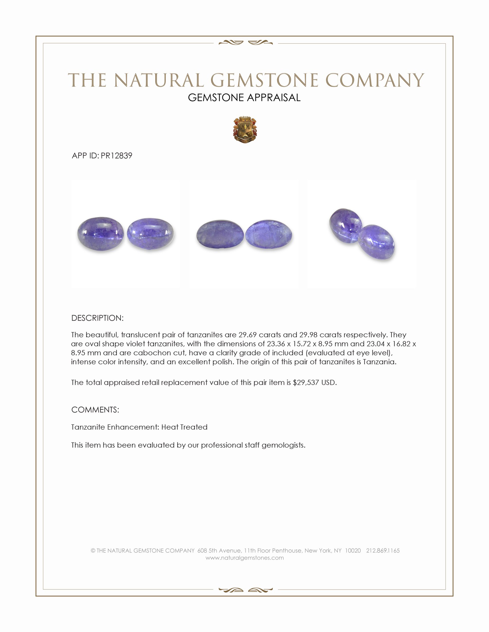 59.67 Ct.Tw. Cabochon Tanzanite Pair from Tanzania