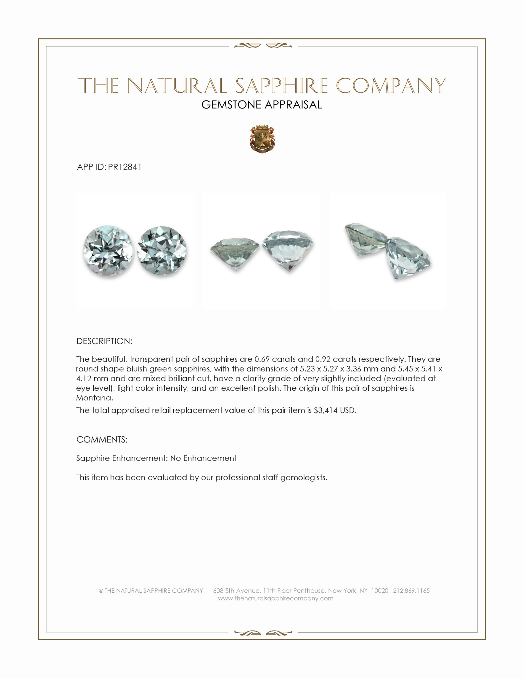 1.61 Ct.Tw. Bluish Green Sapphire Pair from Montana