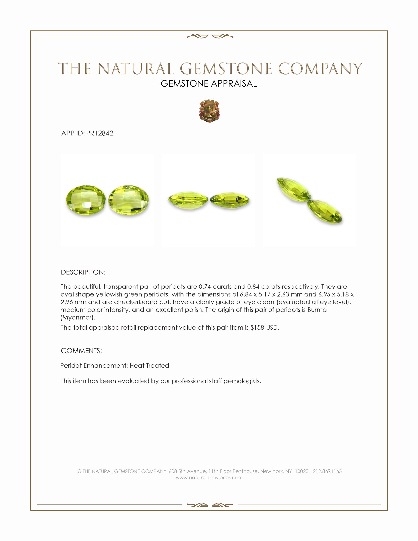 1.58 Ct.Tw. Yellowish Green Peridot Pair from Burma (Myanmar)