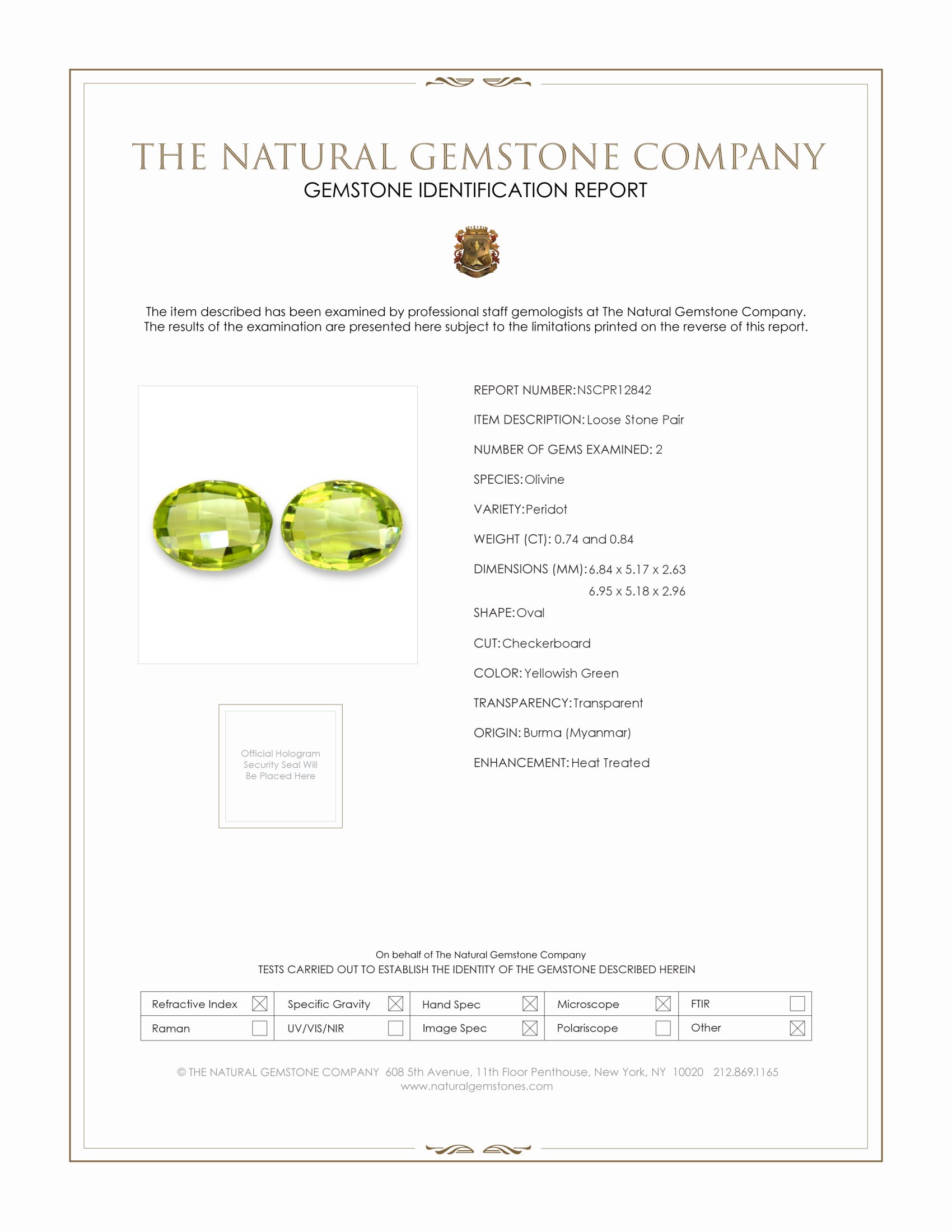 1.58 Ct.Tw. Yellowish Green Peridot Pair from Burma (Myanmar)