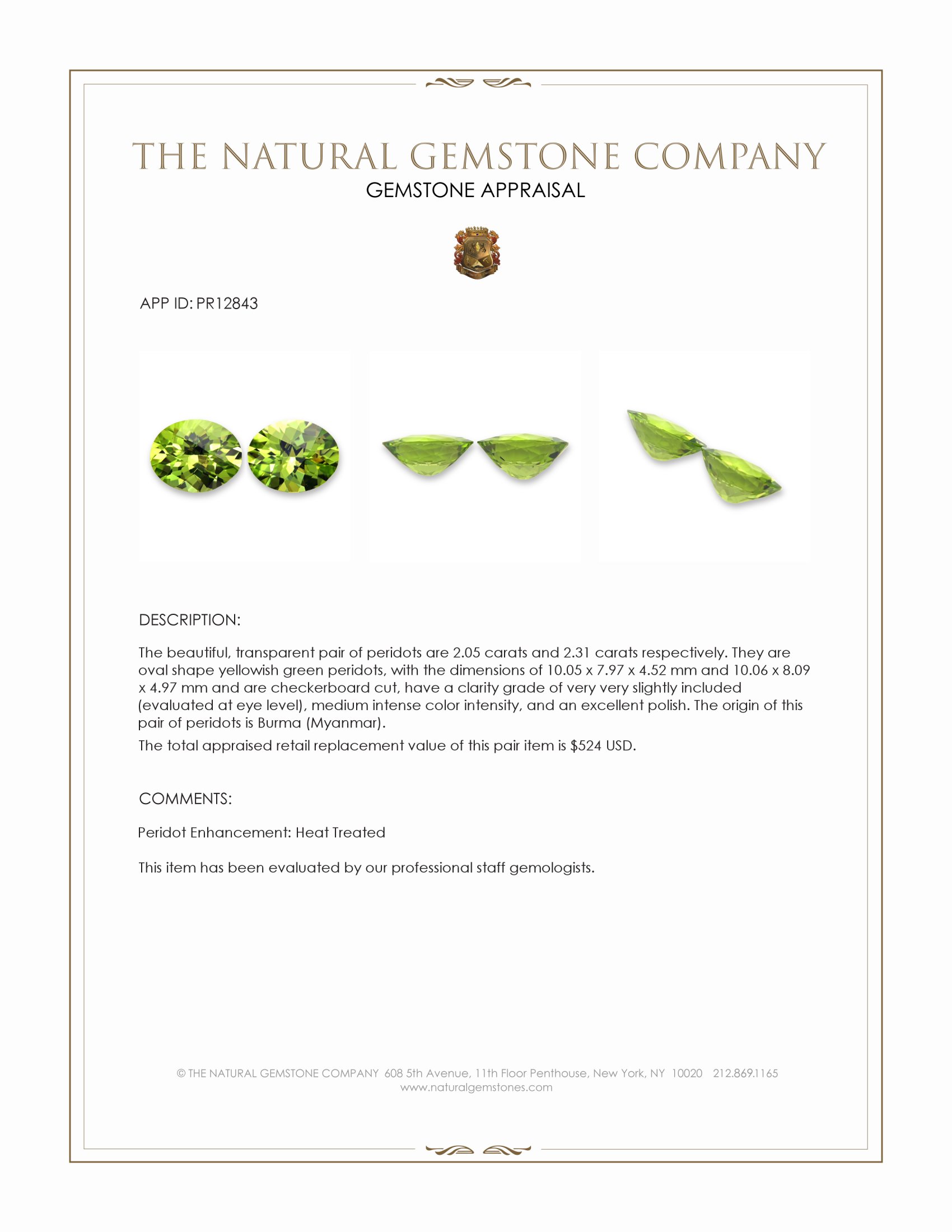 4.36 Ct.Tw. Yellowish Green Peridot Pair from Burma (Myanmar)