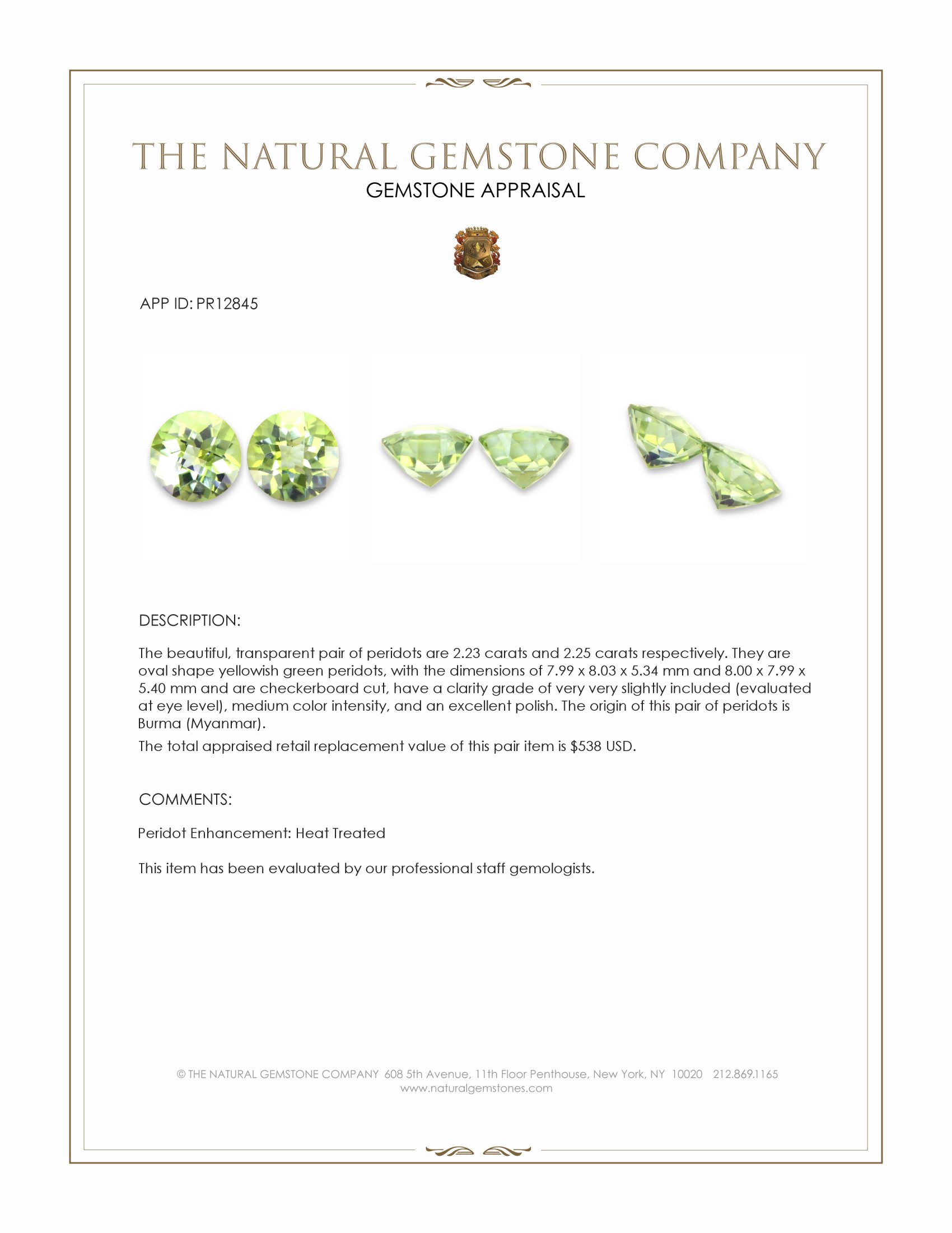 4.48 Ct.Tw. Yellowish Green Peridot Pair from Burma (Myanmar)