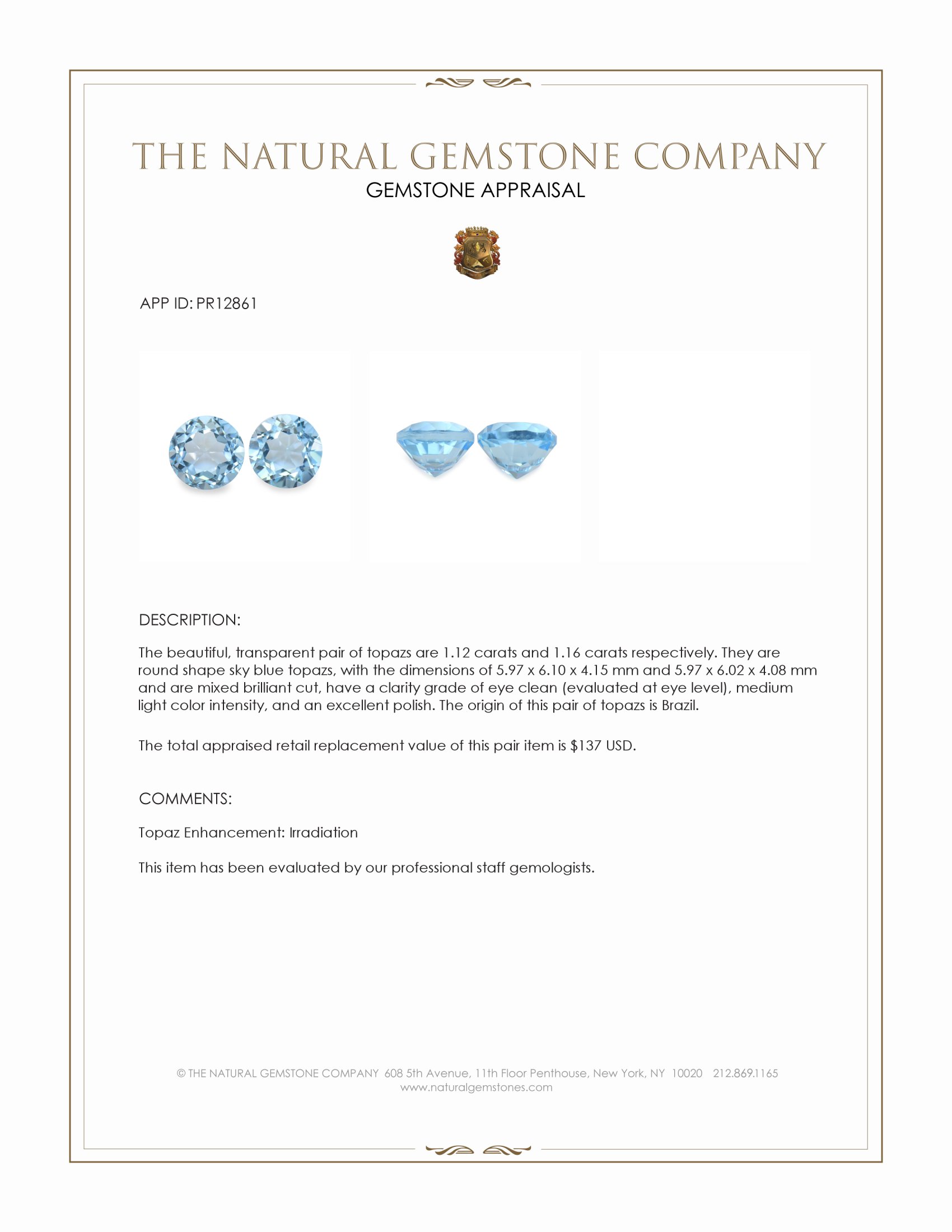 2.28 Ct.Tw. Sky Blue Topaz Pair from Brazil