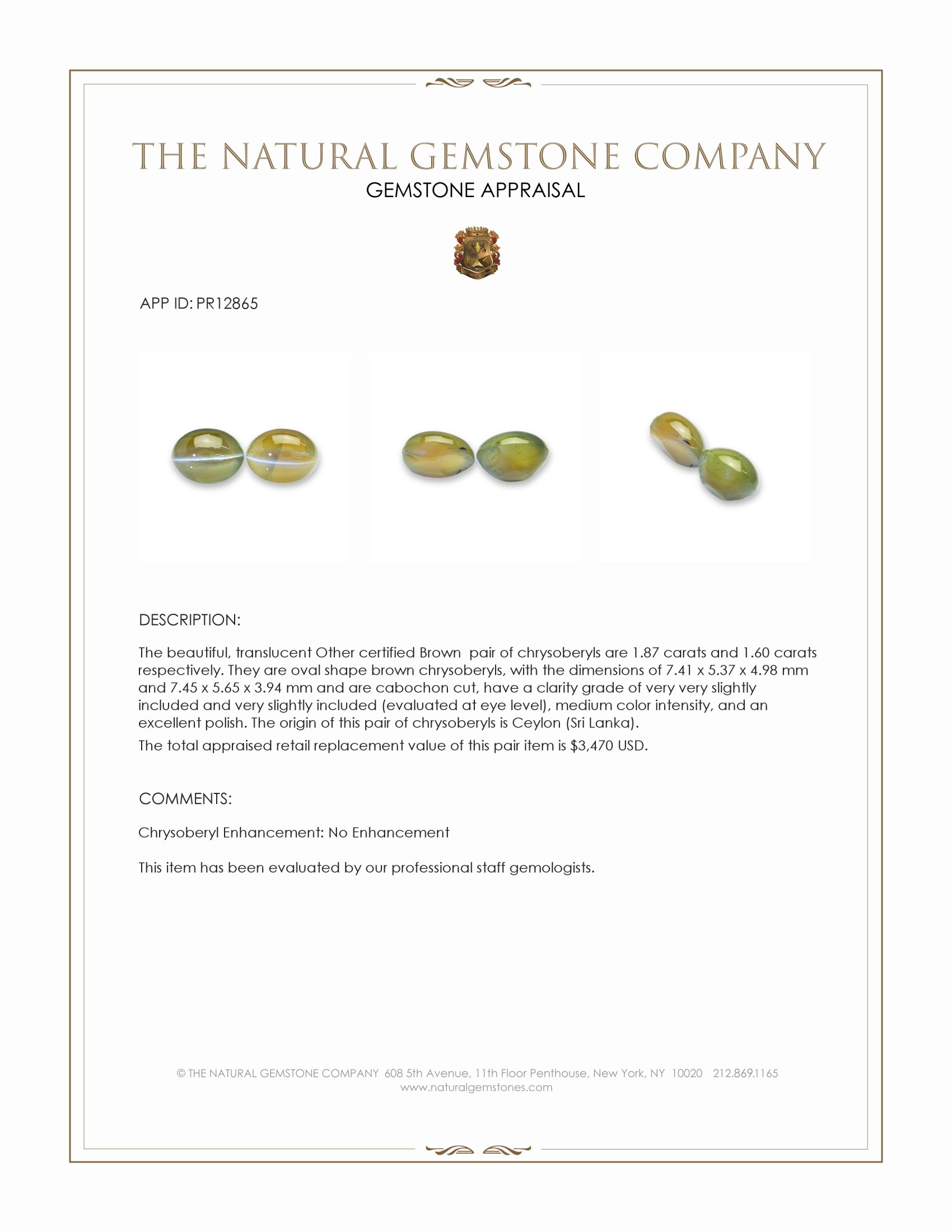 3.47 Ct.Tw. Cabochon Chrysoberyl Pair from Ceylon (Sri Lanka)