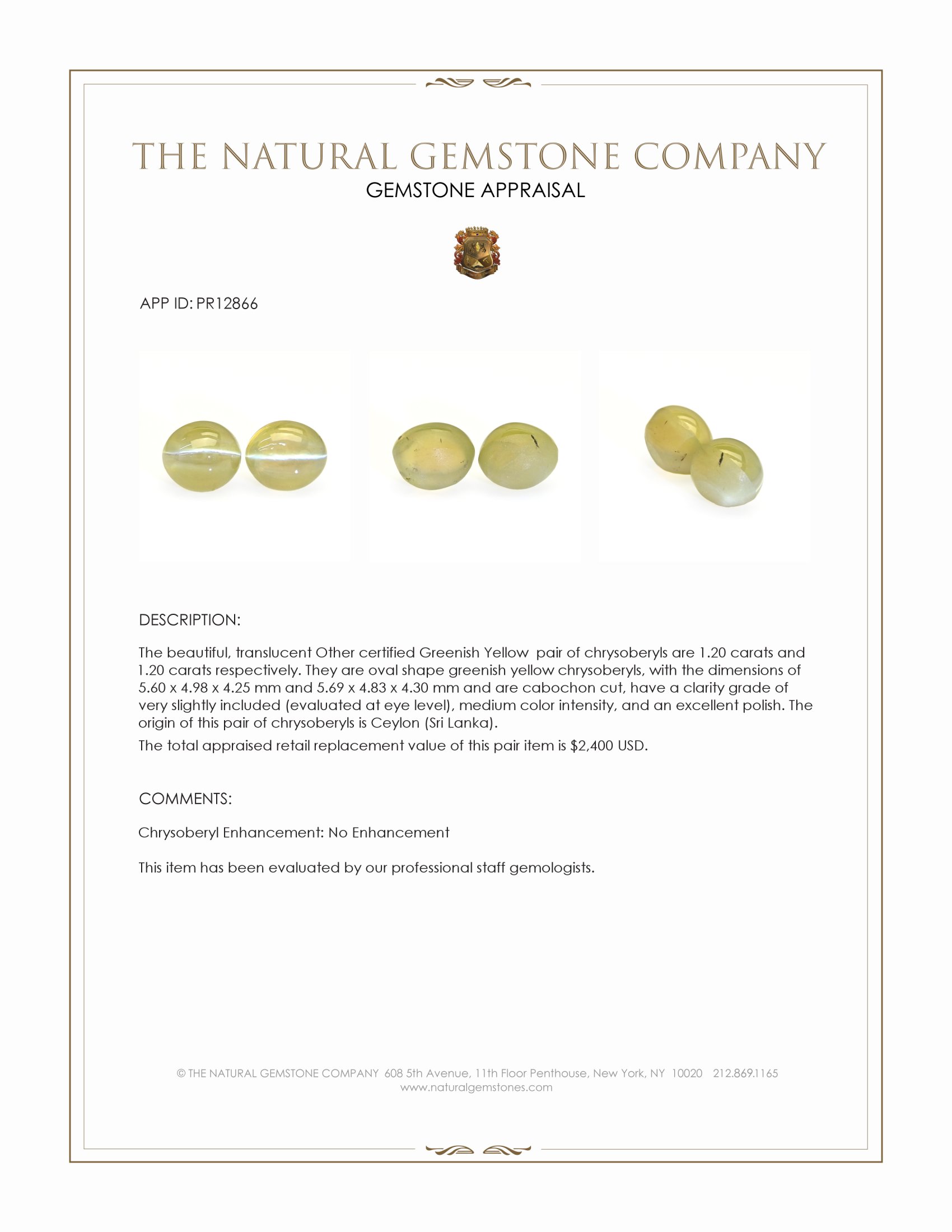 2.40 Ct.Tw. Cabochon Chrysoberyl Pair from Ceylon (Sri Lanka)