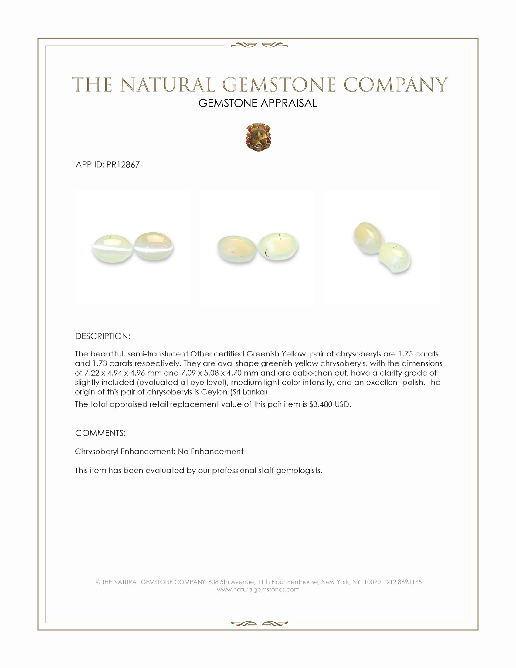 3.48 Ct.Tw. Cabochon Chrysoberyl Pair from Ceylon (Sri Lanka)