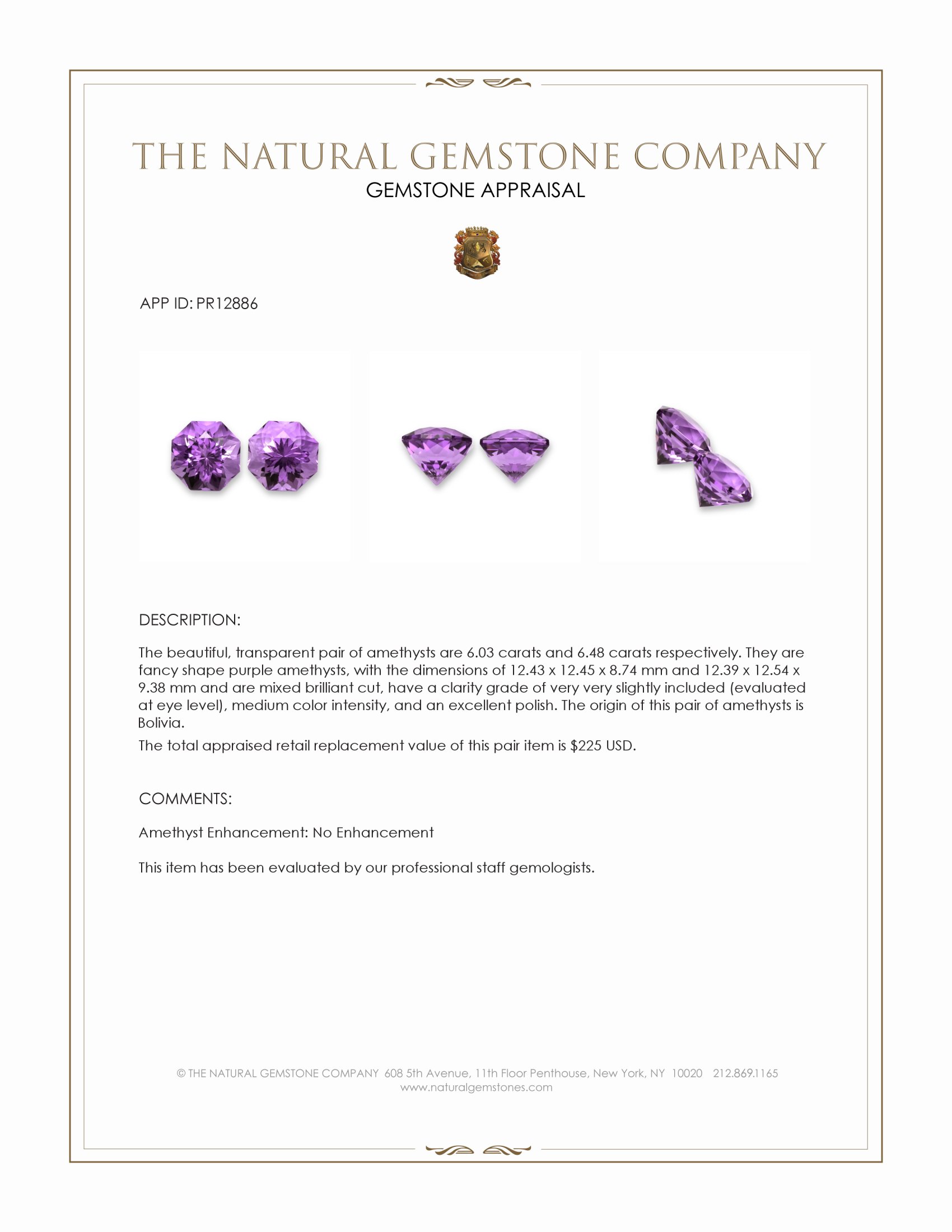 12.51 Ct.Tw. Amethyst Pair from Bolivia