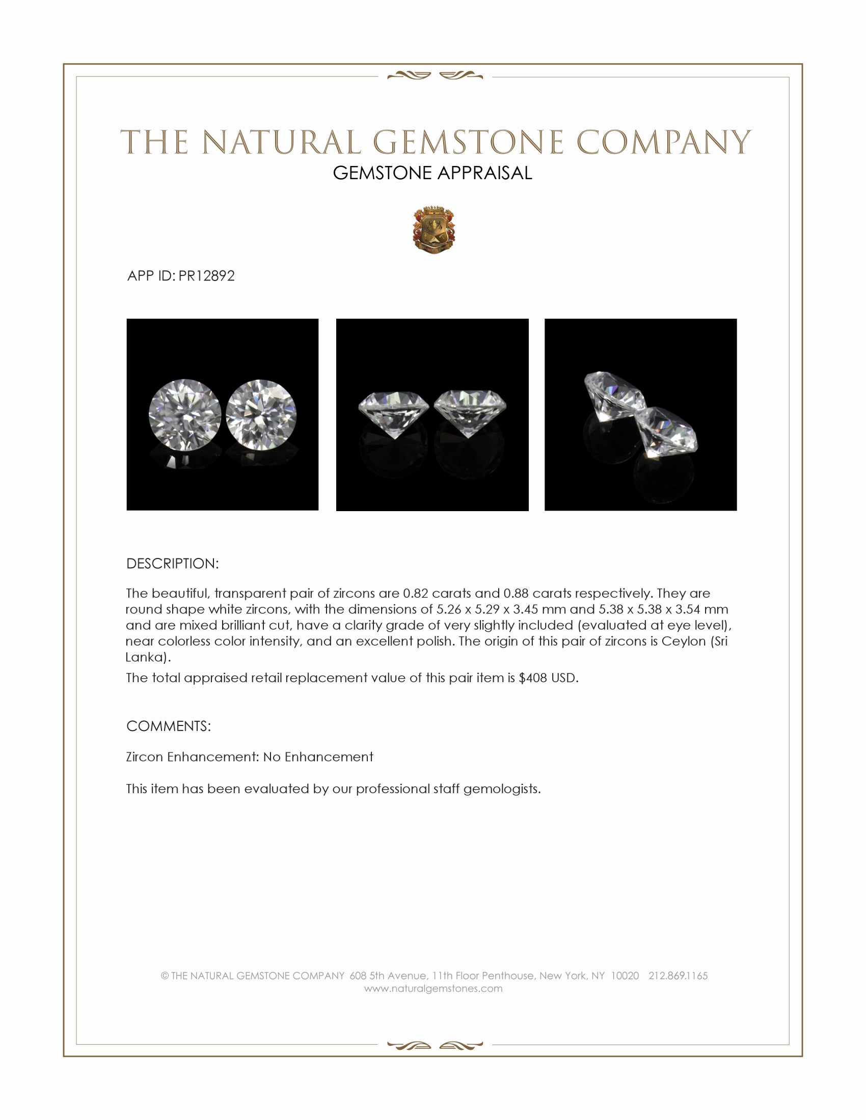 1.70 Ct.Tw. White Zircon Pair from Ceylon (Sri Lanka)