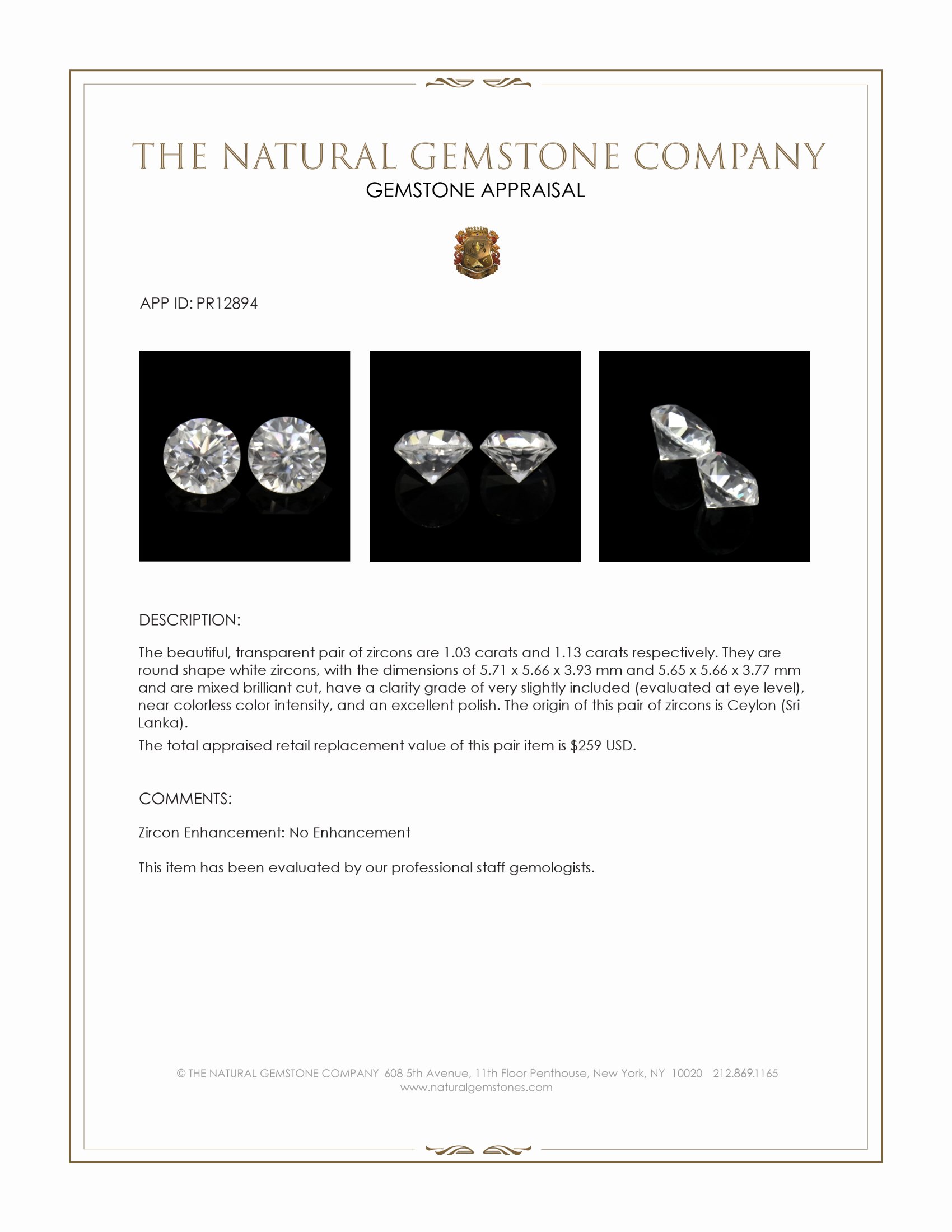 2.16 Ct.Tw. White Zircon Pair from Ceylon (Sri Lanka)