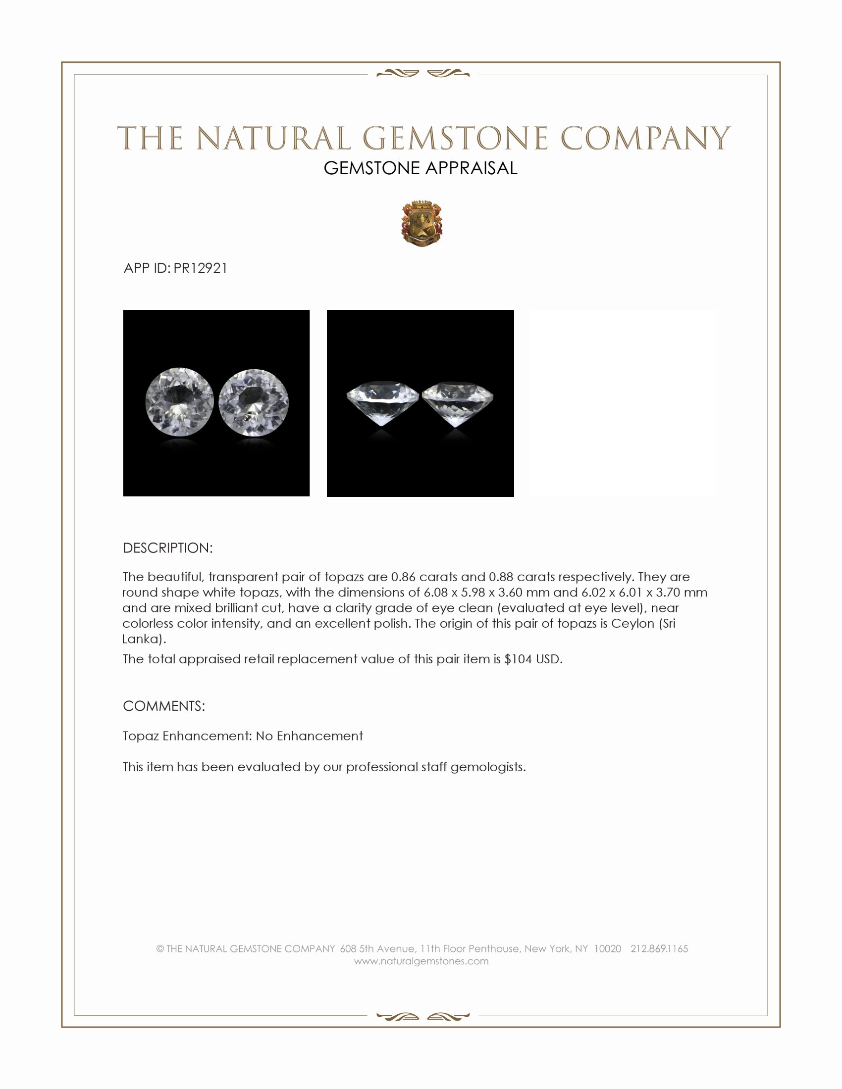 1.74 Ct.Tw. White Topaz Pair from Ceylon (Sri Lanka)