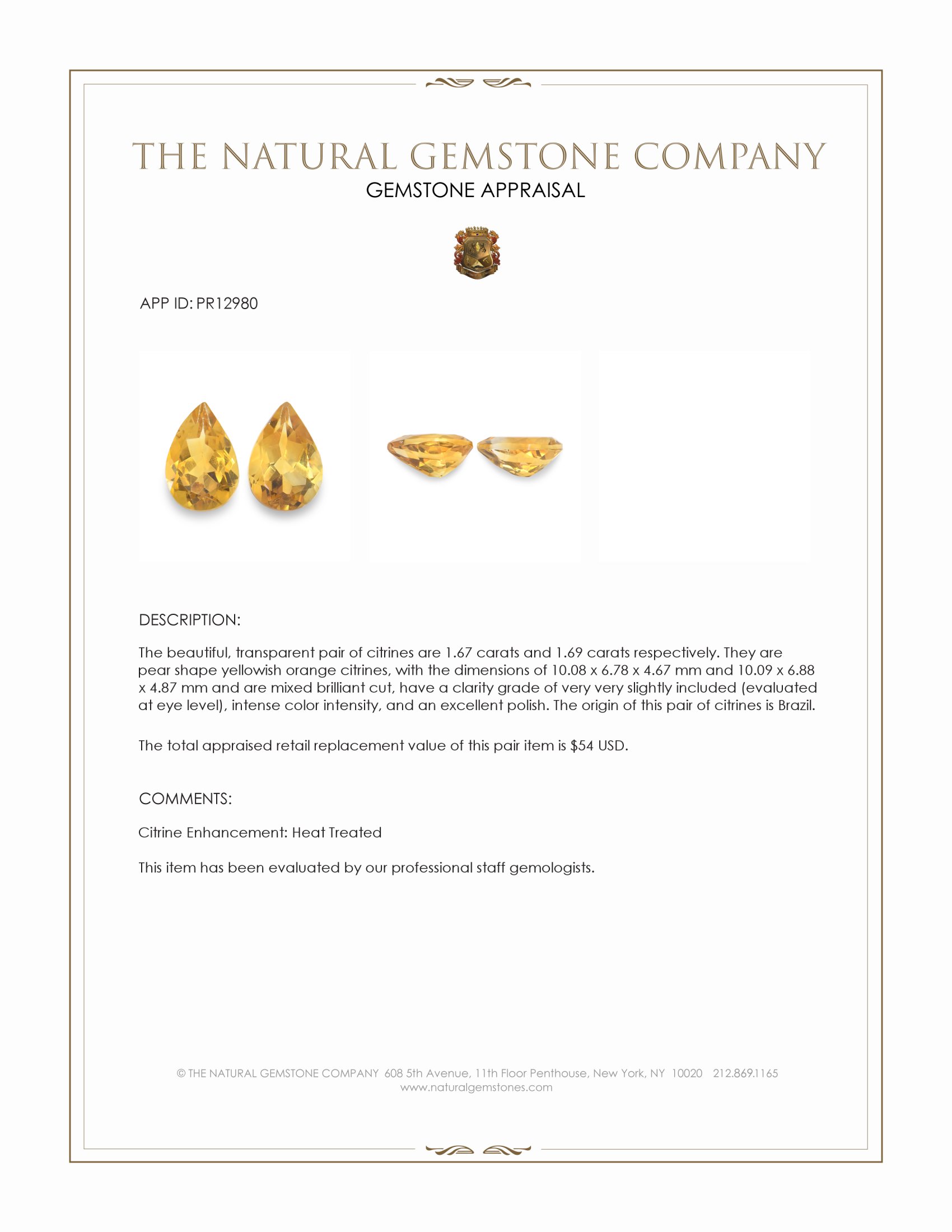 3.36 Ct.Tw. Orangish Yellow Citrine Pair from Brazil