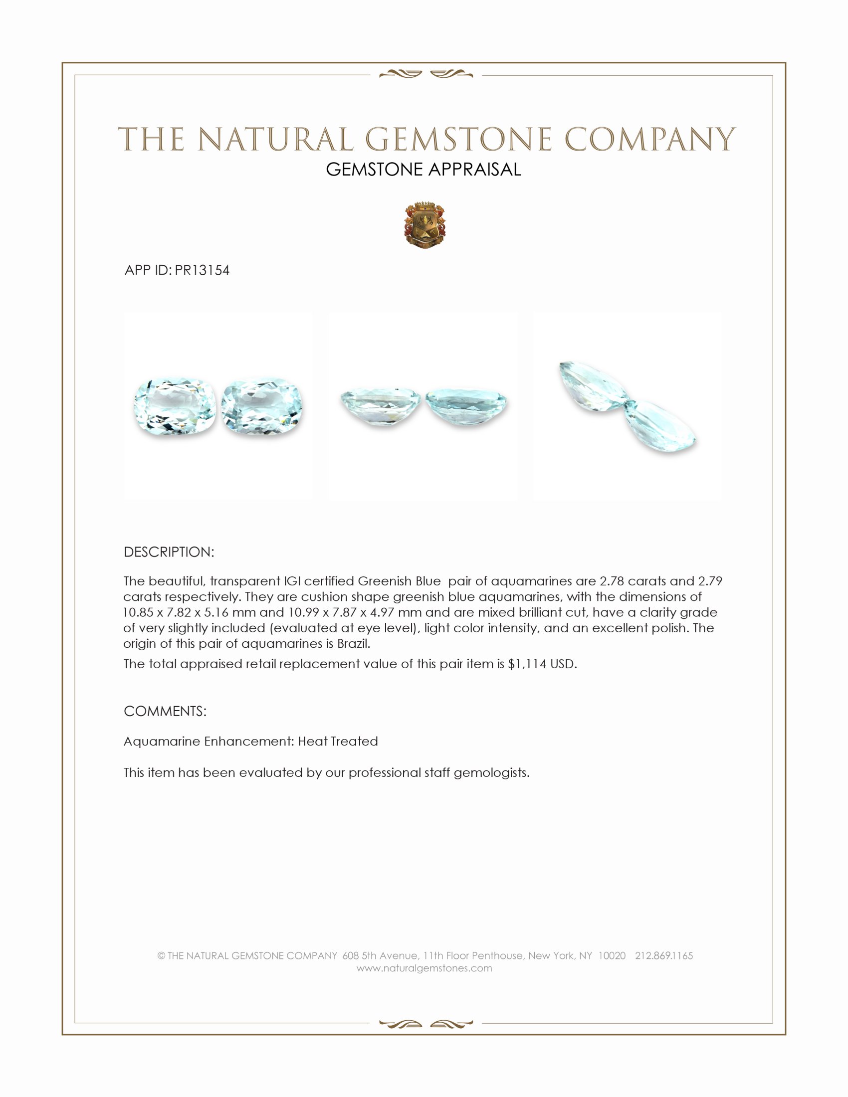 5.57 Ct.Tw. Greenish Blue Aquamarine Pair from Brazil