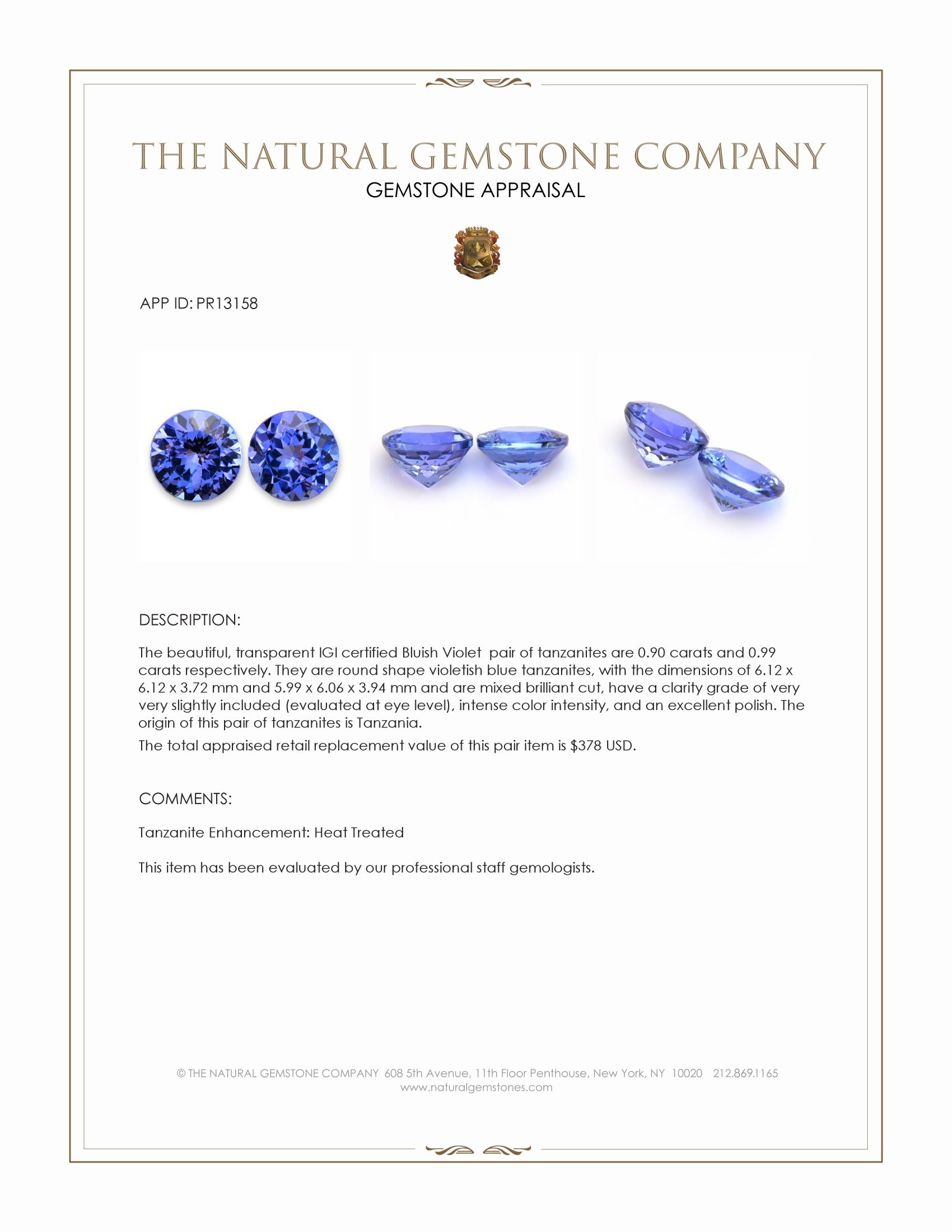 1.89 Ct.Tw. Violetish Blue Tanzanite Pair from Tanzania