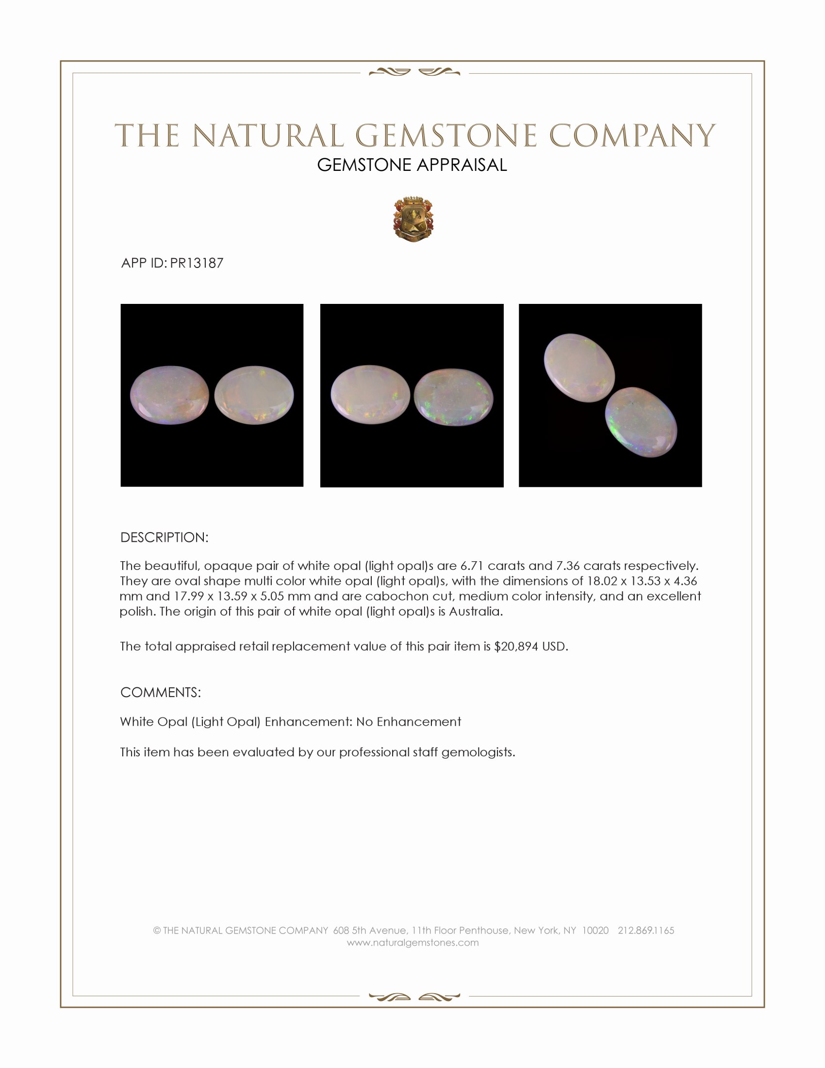 14.07 Ct.Tw. Multi Color Cabochon White Opal (Light Opal) Pair from Australia