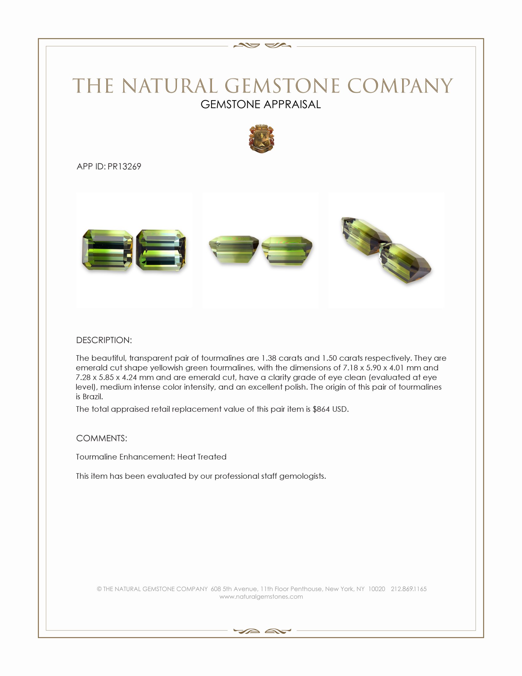 2.88 Ct.Tw. Yellowish Green Tourmaline Pair from Brazil