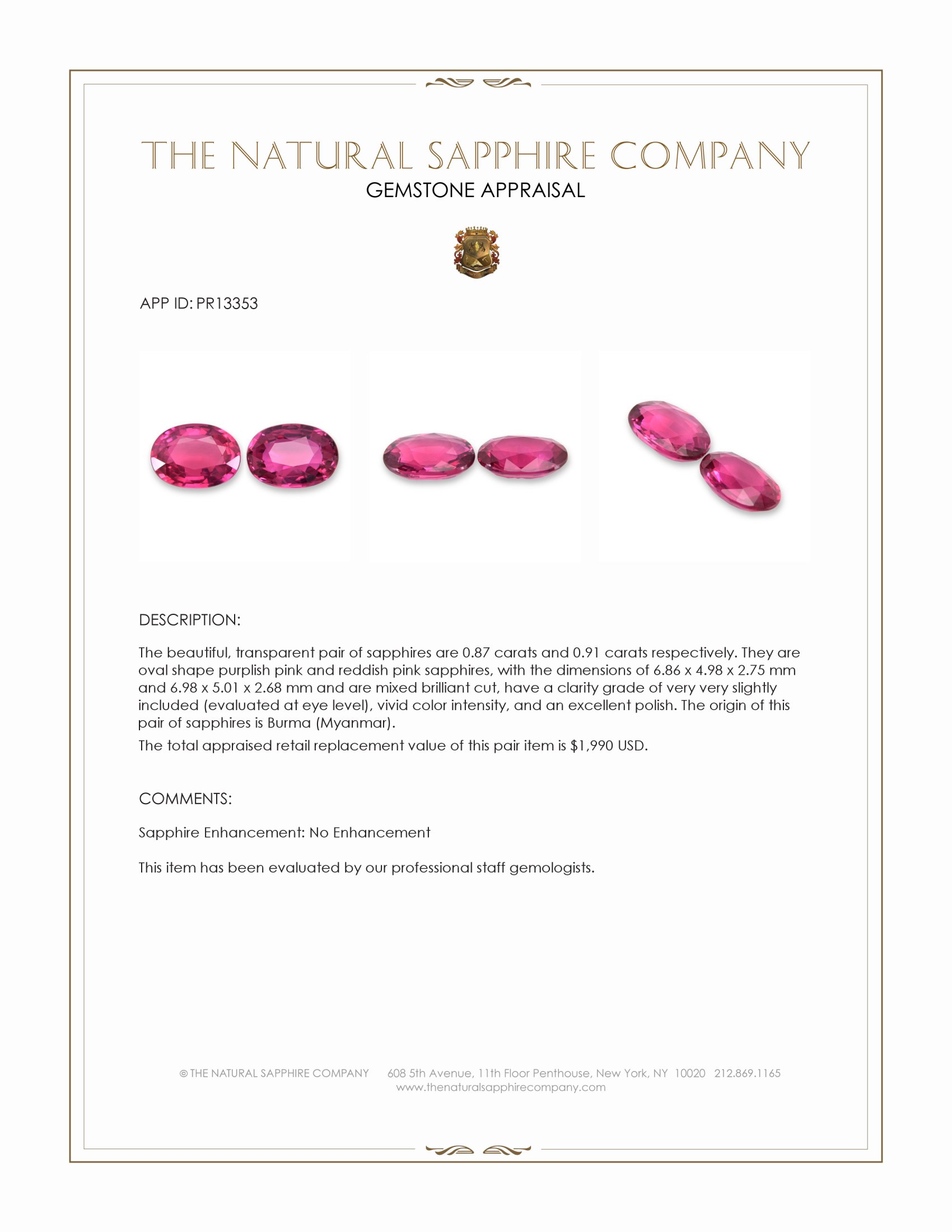 1.78 Ct.Tw. Purplish Pink Sapphire Pair from Burma (Myanmar)
