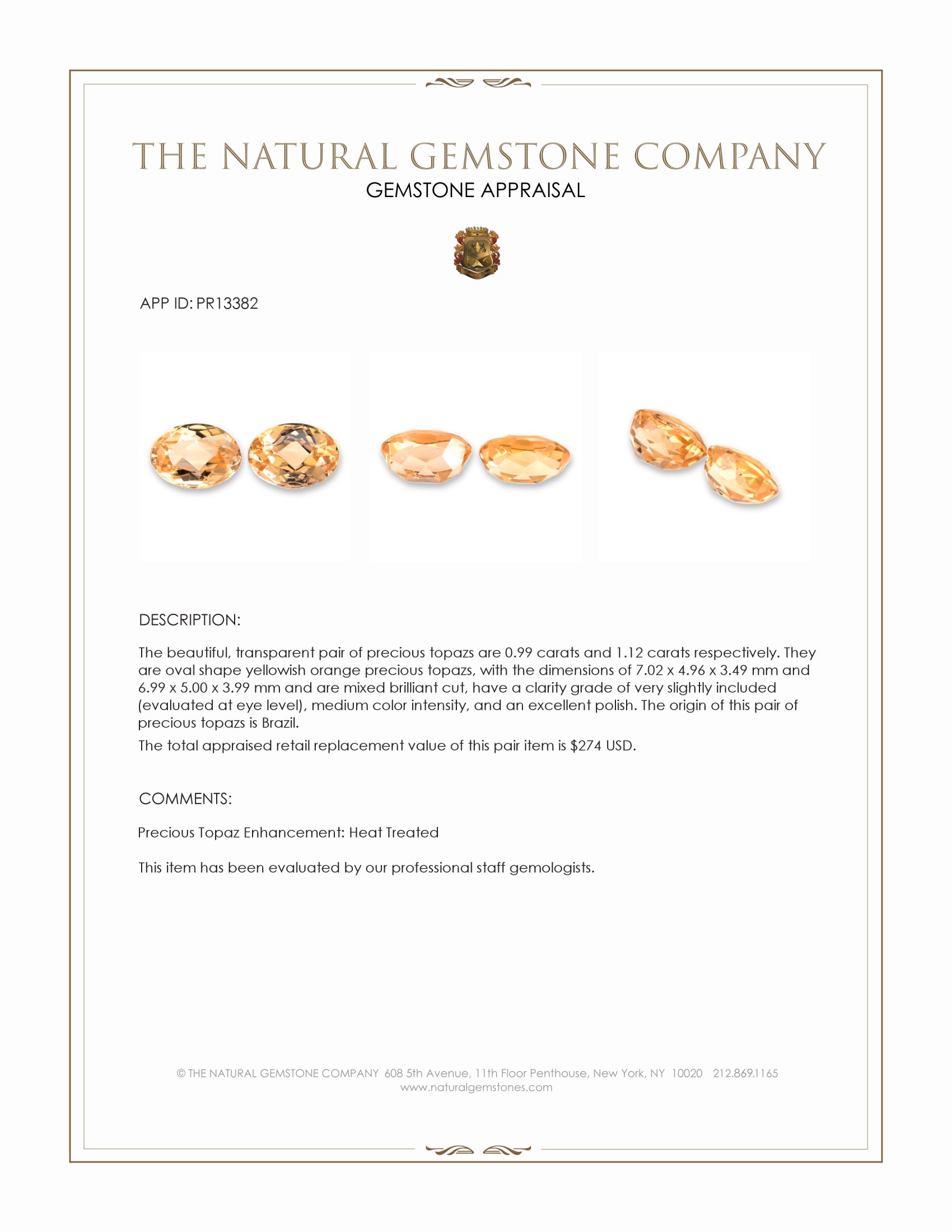 2.11 Ct.Tw. Yellowish Orange Precious Topaz Pair from Brazil