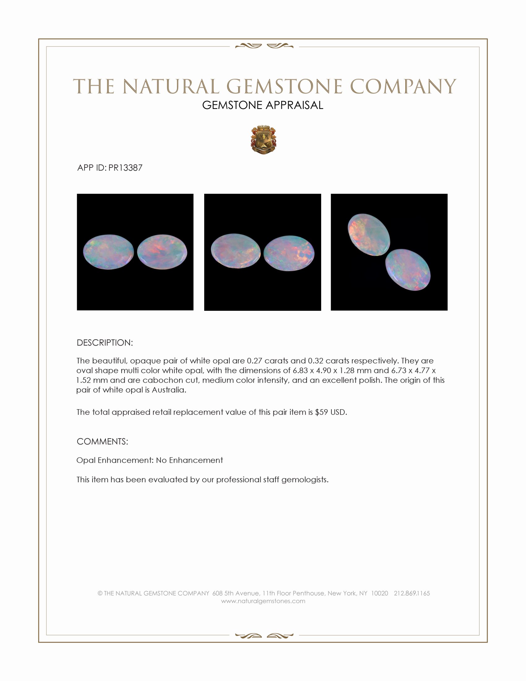 0.59 Ct.Tw. Multi Color Cabochon White Opal (Light Opal) Pair from Australia
