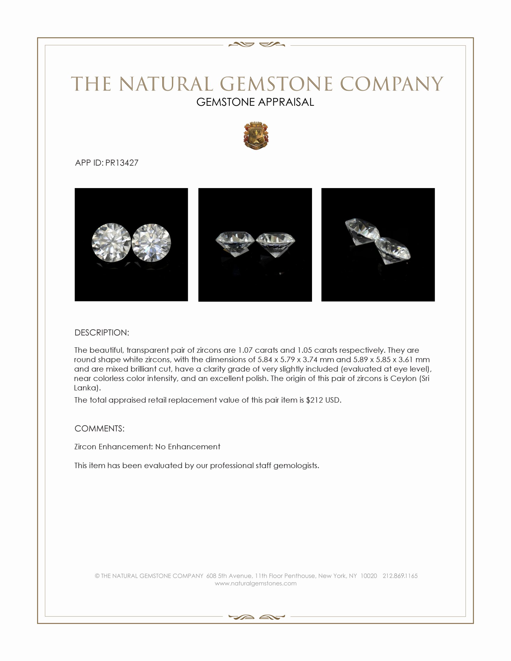 2.12 Ct.Tw. White Zircon Pair from Ceylon (Sri Lanka)