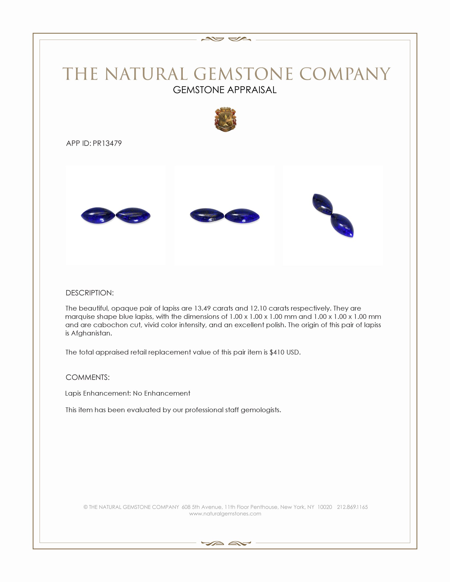 25.59 Ct.Tw. Cabochon Lapis Pair from Afghanistan