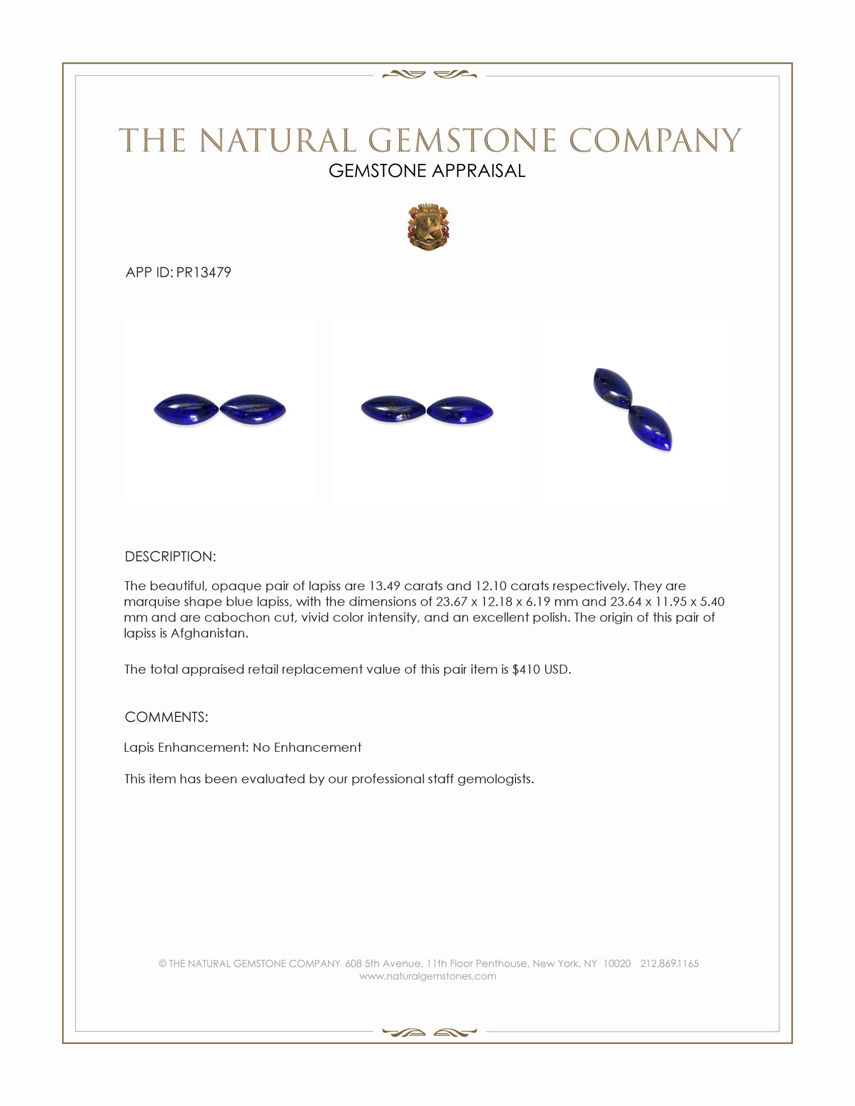 25.59 Ct.Tw. Cabochon Lapis Pair from Afghanistan