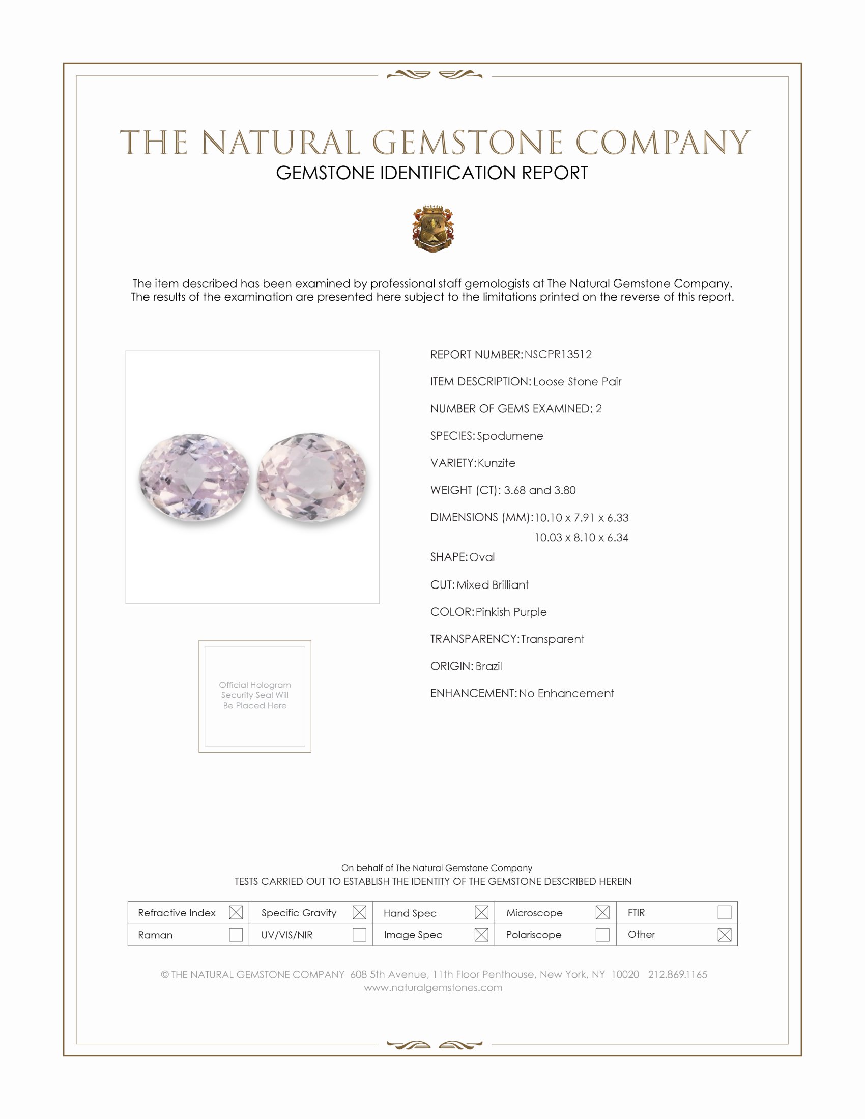 7.48 Ct.Tw. Pinkish Purple Kunzite Pair from Brazil