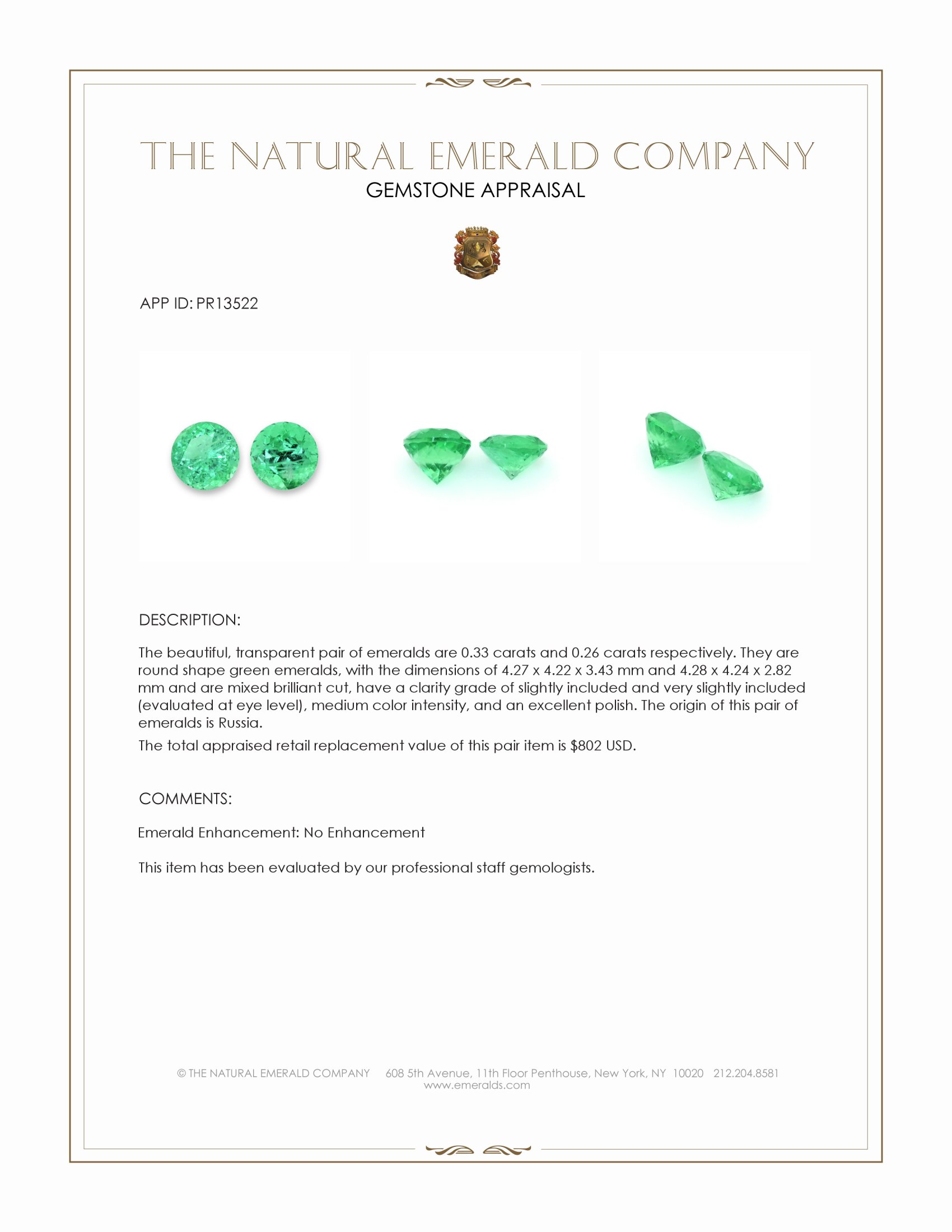 0.59 Ct.Tw. Emerald Pair from Russia
