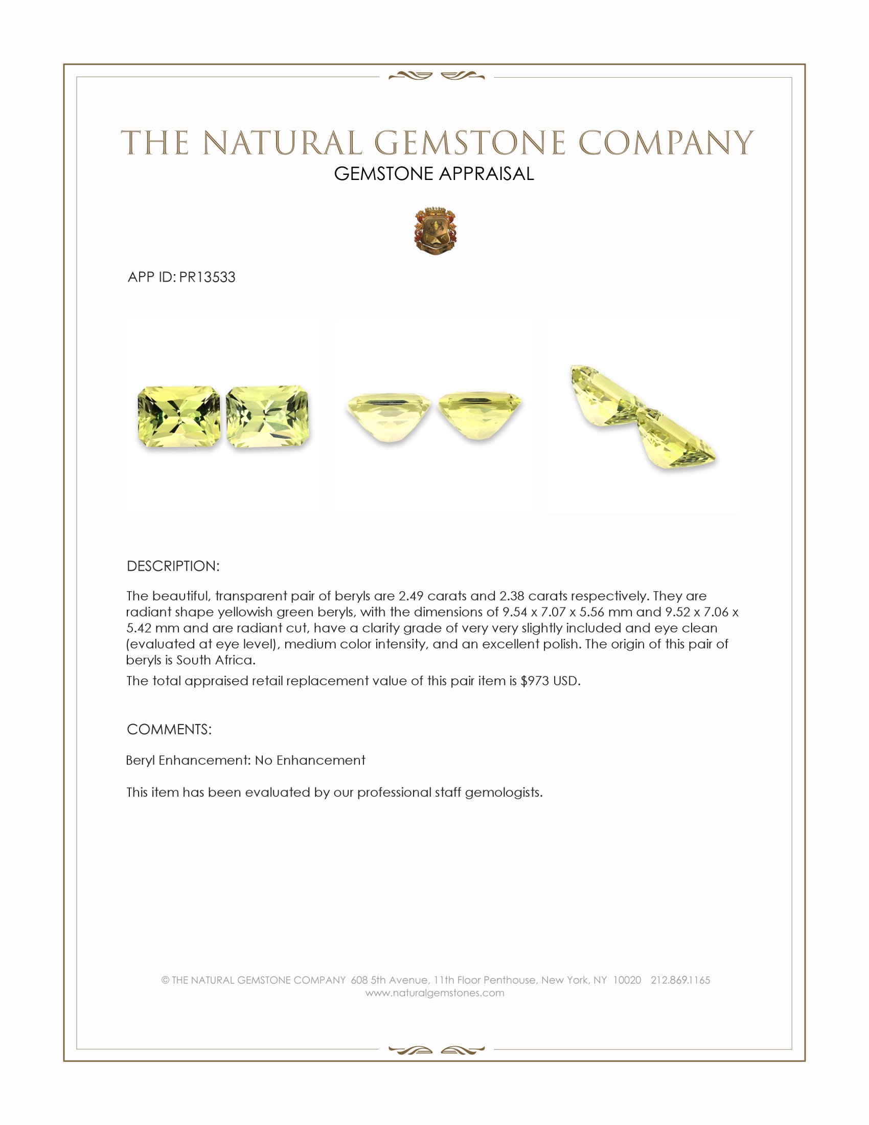 4.87 Ct.Tw. Yellowish Green Beryl Pair from South Africa
