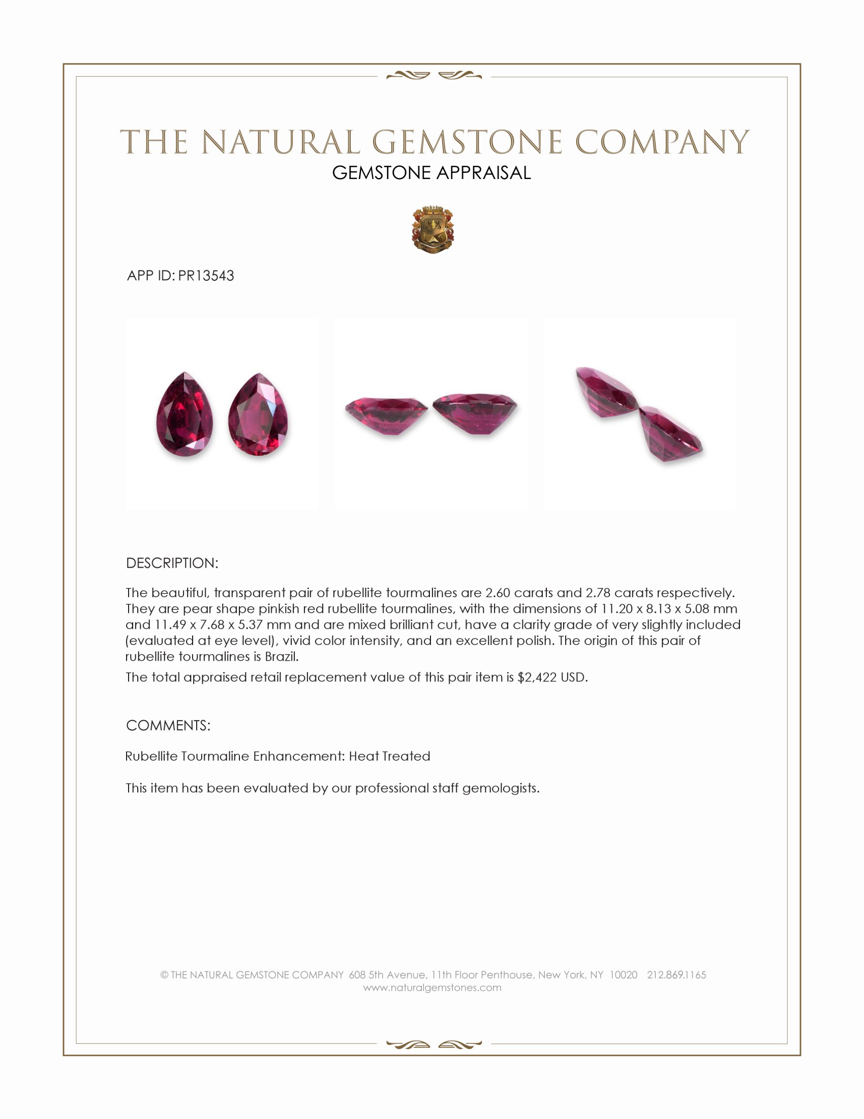 5.38 Ct.Tw. Pinkish Red Rubellite Tourmaline Pair from Brazil