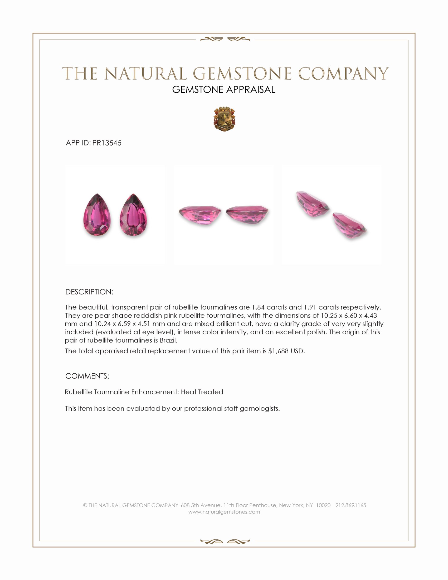 3.75 Ct.Tw. Redddish Pink Rubellite Tourmaline Pair from Brazil