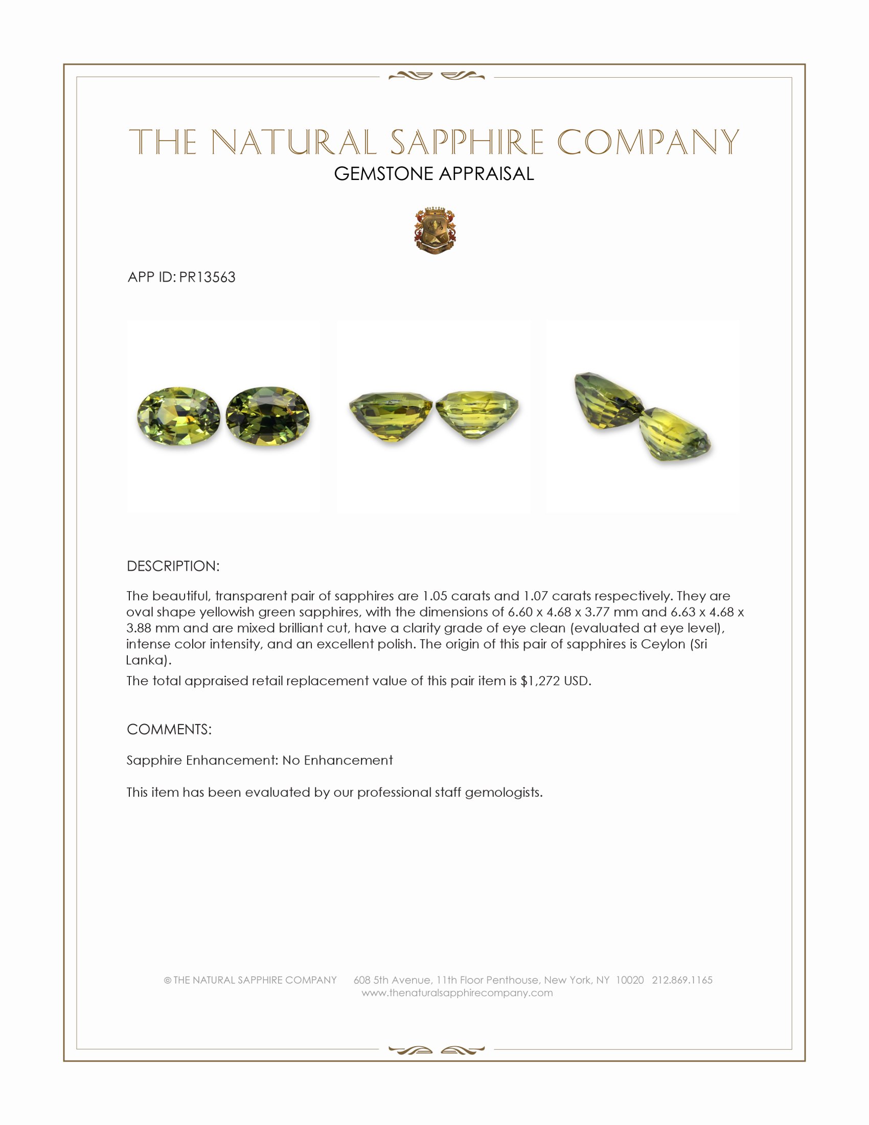 2.12 Ct.Tw. Yellowish Green Sapphire Pair from Ceylon (Sri Lanka)
