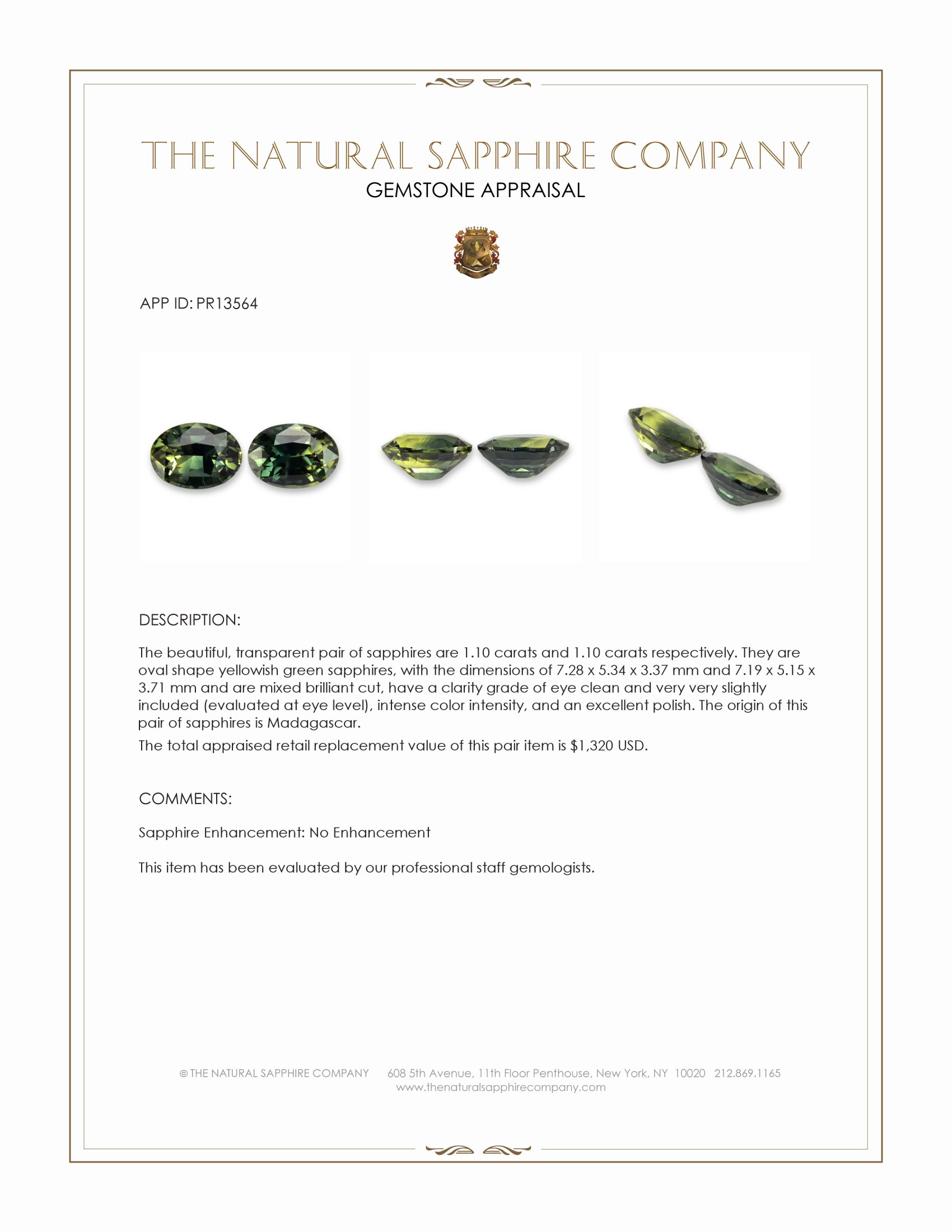 2.20 Ct.Tw. Yellowish Green Sapphire Pair from Madagascar