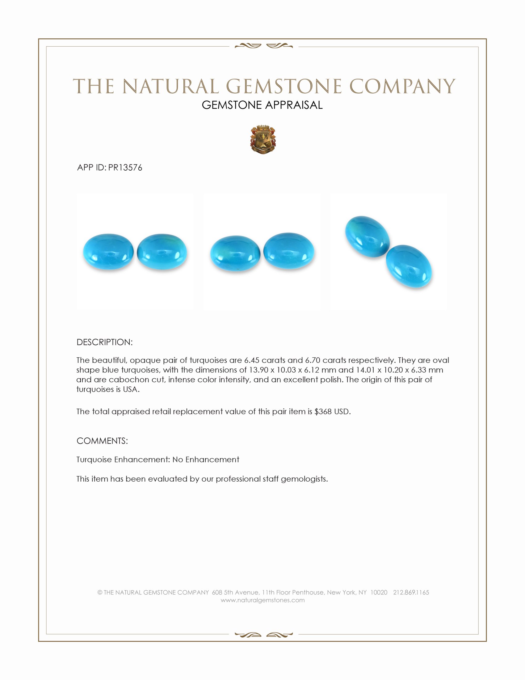 13.15 Ct.Tw. Cabochon Turquoise Pair from USA