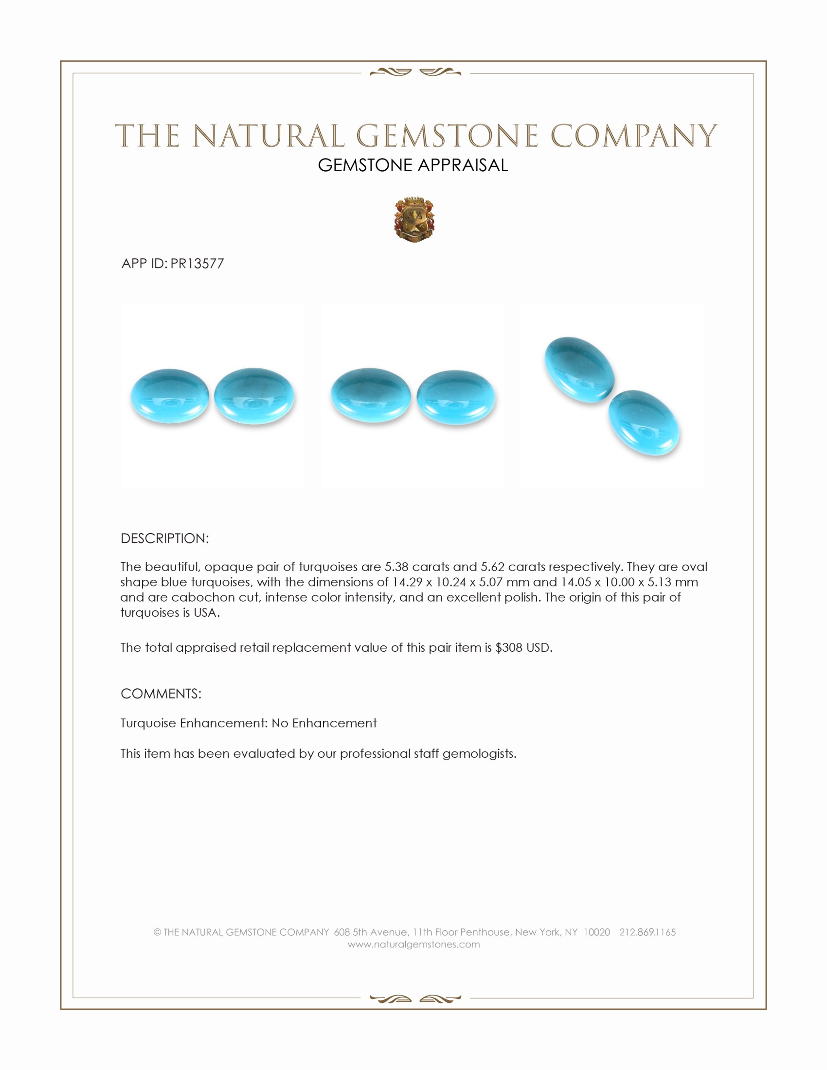 11.00 Ct.Tw. Blue Cabochon Turquoise Pair from USA
