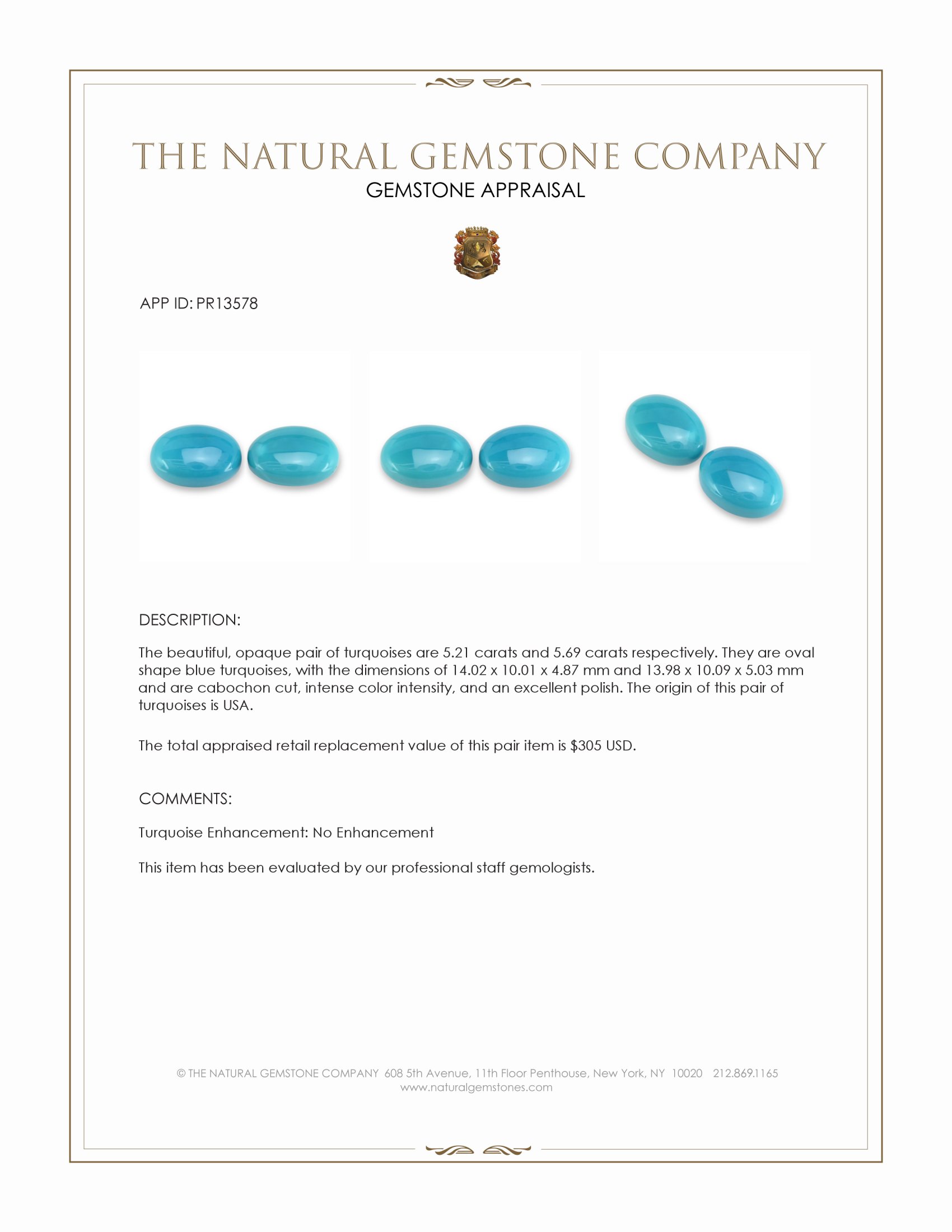 10.90 Ct.Tw. Blue Cabochon Turquoise Pair from USA