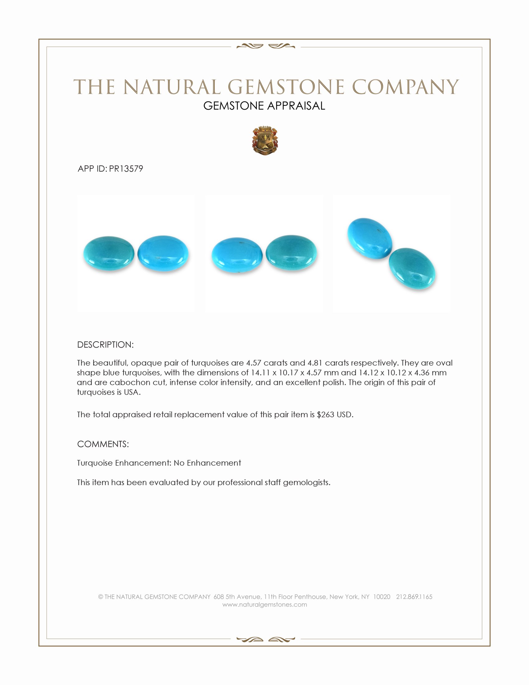 9.38 Ct.Tw. Blue Cabochon Turquoise Pair from USA