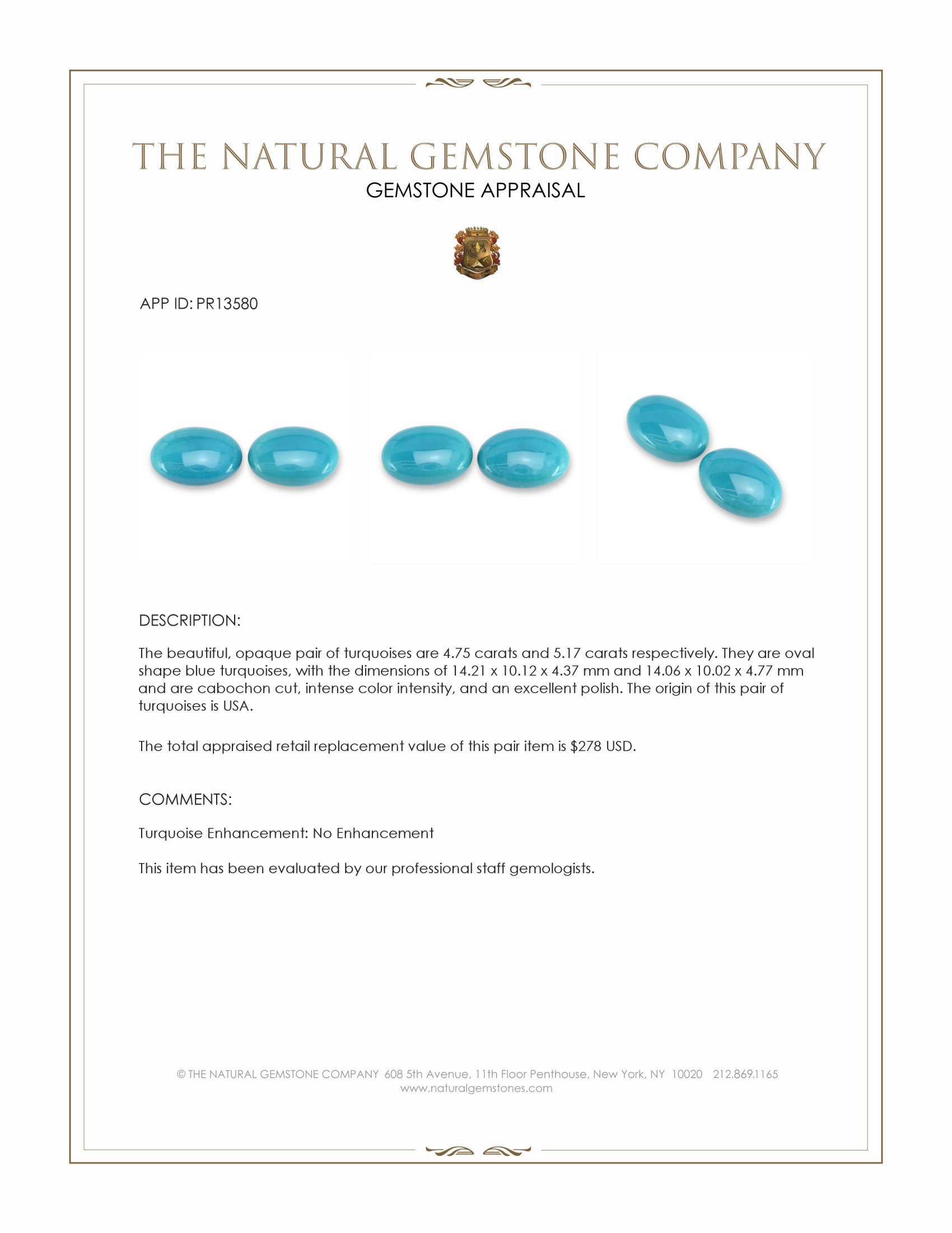 9.92 Ct.Tw. Blue Cabochon Turquoise Pair from USA