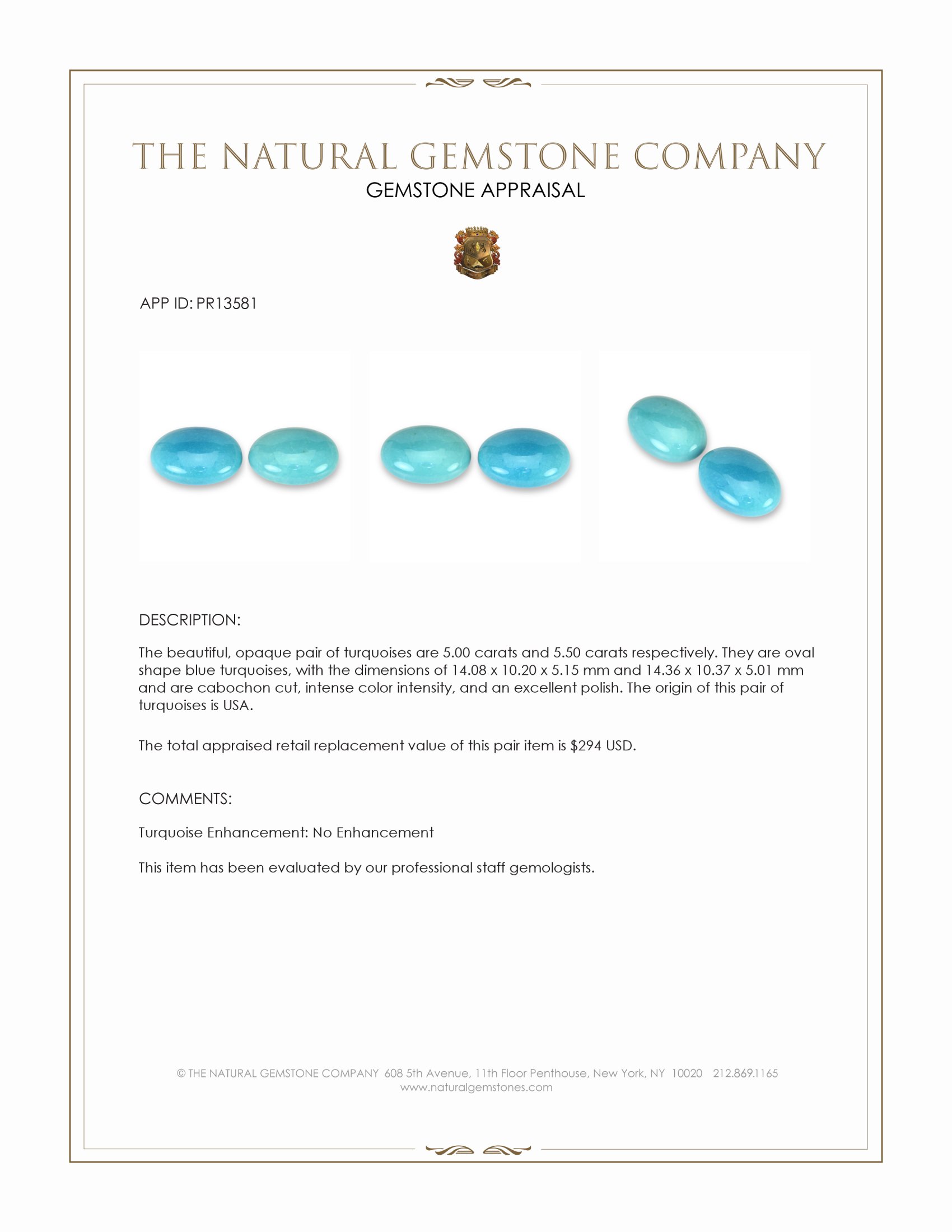 10.50 Ct.Tw. Blue Cabochon Turquoise Pair from USA