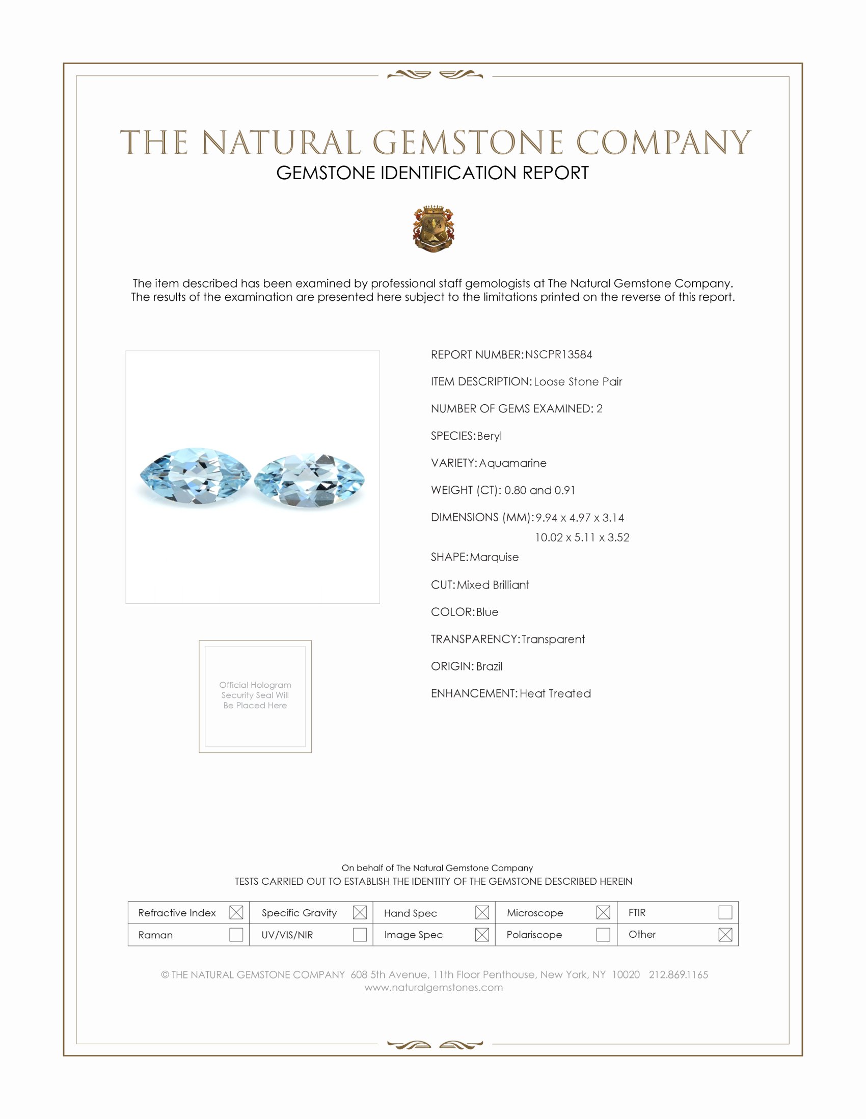 1.71 Ct.Tw. Blue Aquamarine Pair from Brazil